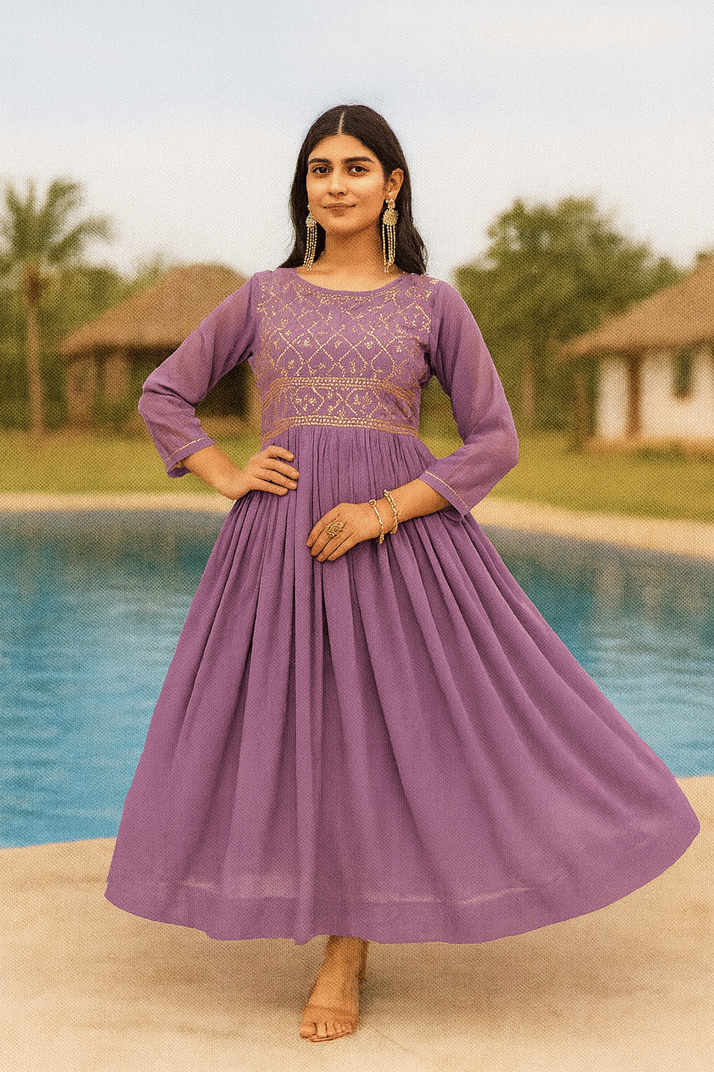     			Maa Enterprise Women Georgette Flared Stitched Ethnic Gown ( Lavender )