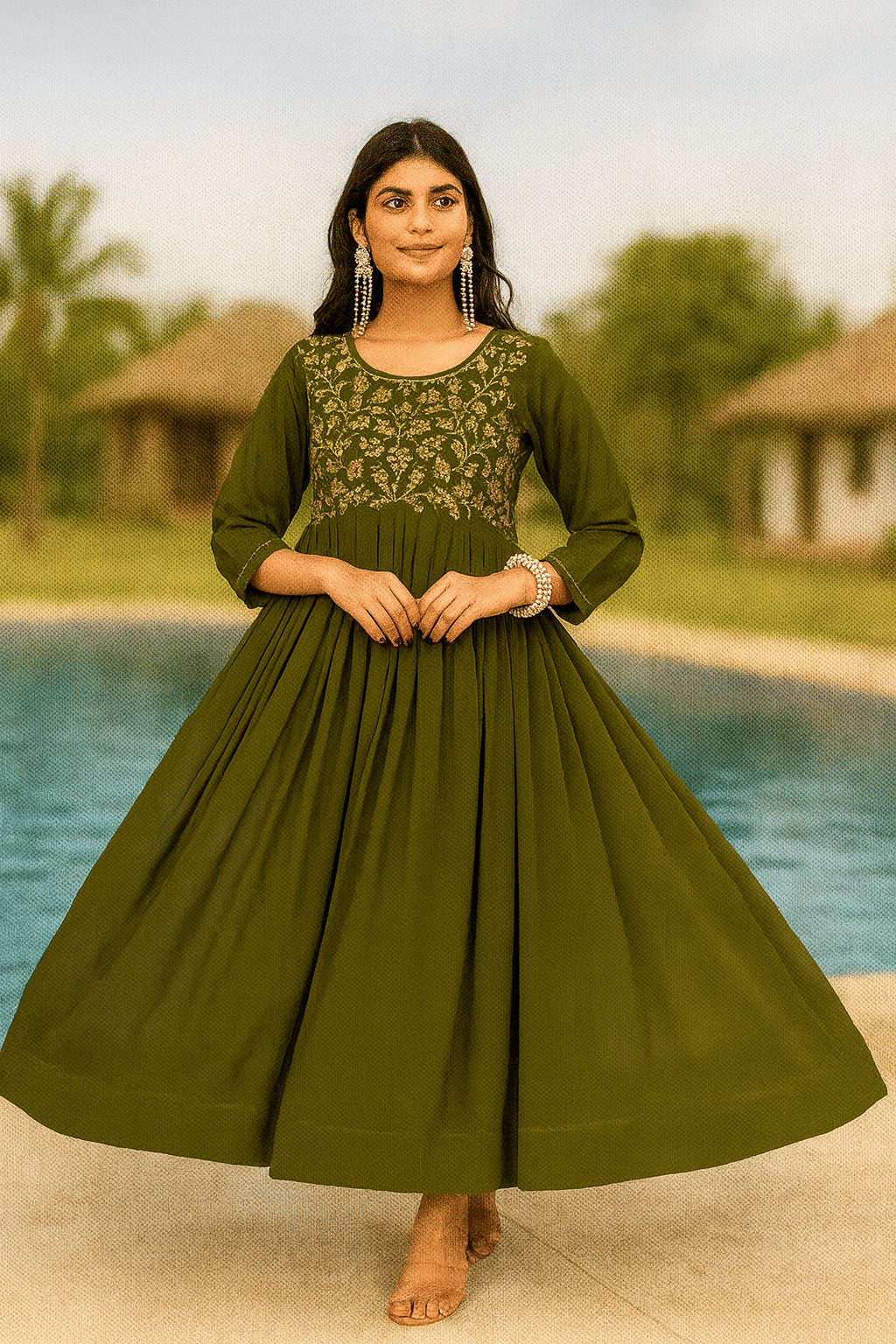     			Maa Enterprise Women Georgette Flared Stitched Ethnic Gown ( Green )