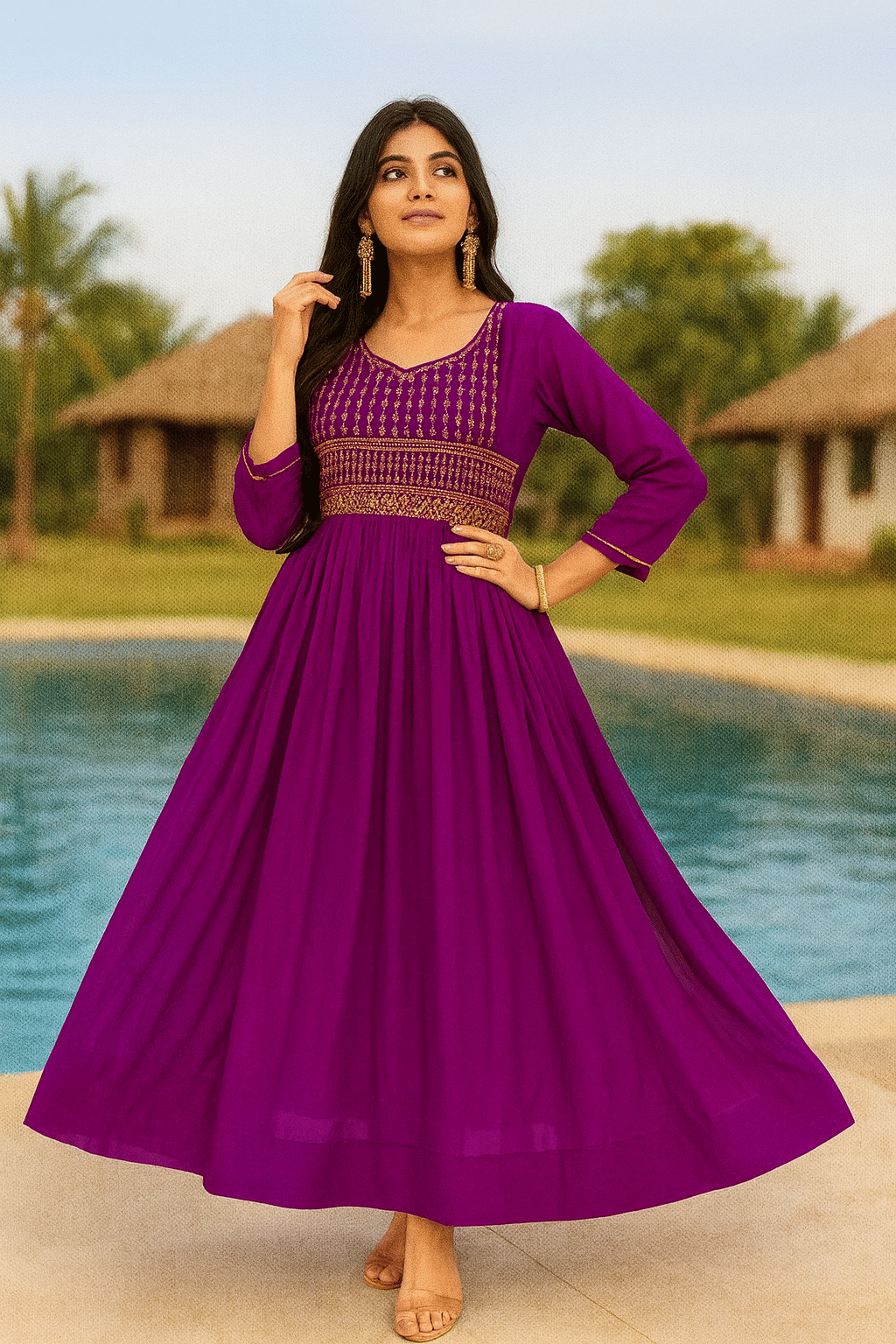     			Maa Enterprise Women Georgette Flared Stitched Ethnic Gown ( Purple )