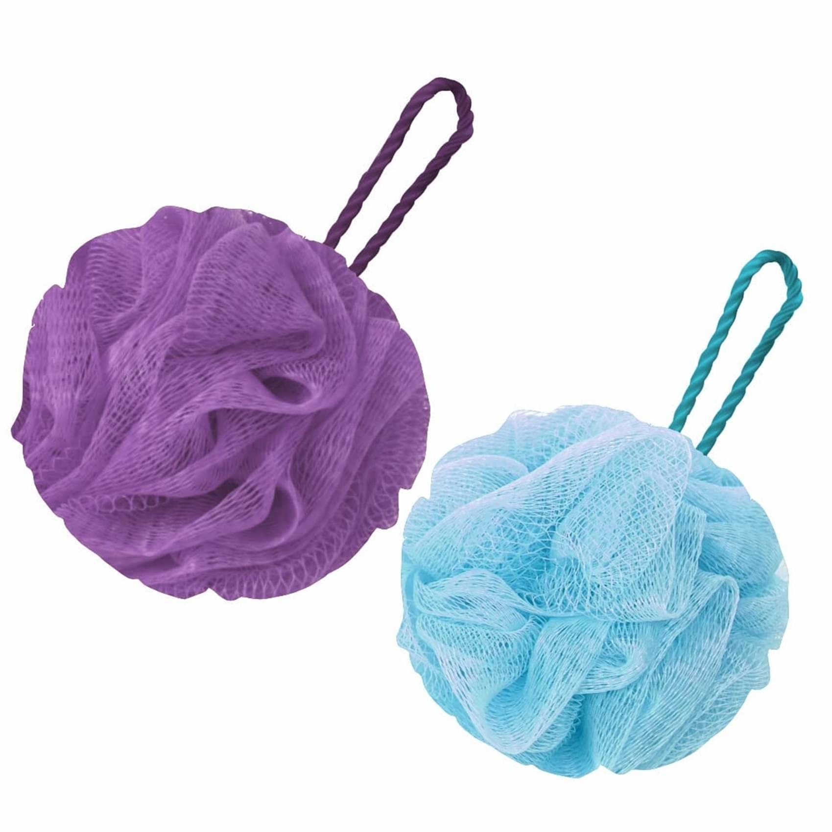     			Mesh Bath Loofah Sponge Set, Soft Shower Pouf with Hanging Loop, Body Scrubber, Pack of 2, Purple and Blue