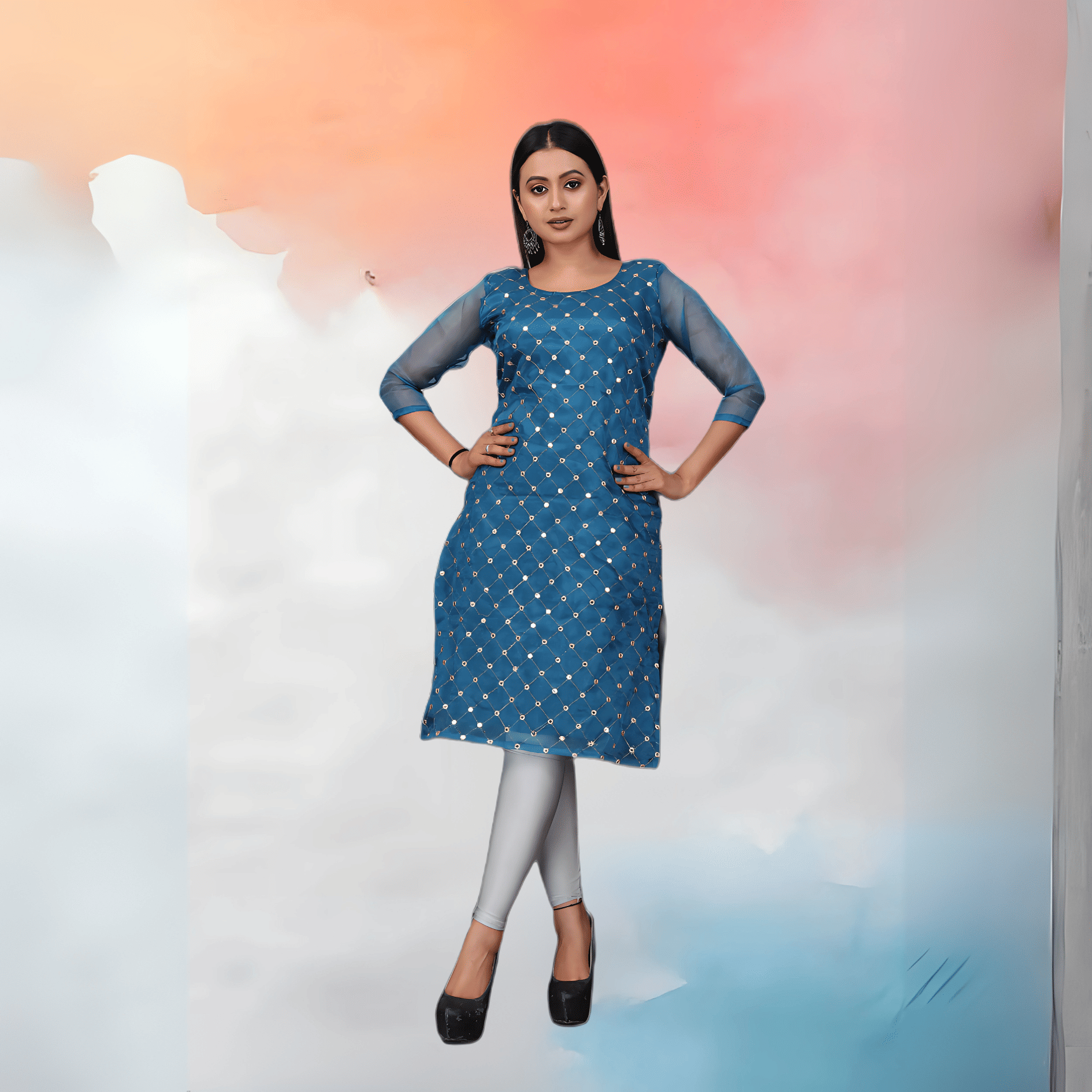     			Mithusa Women Organza Solid A-line Kurti ( Blue )