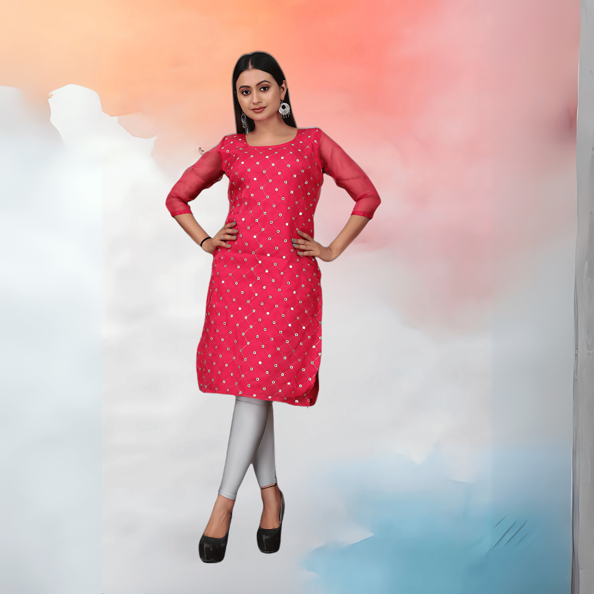     			Mithusa Women Organza Solid A-line Kurti ( Pink )