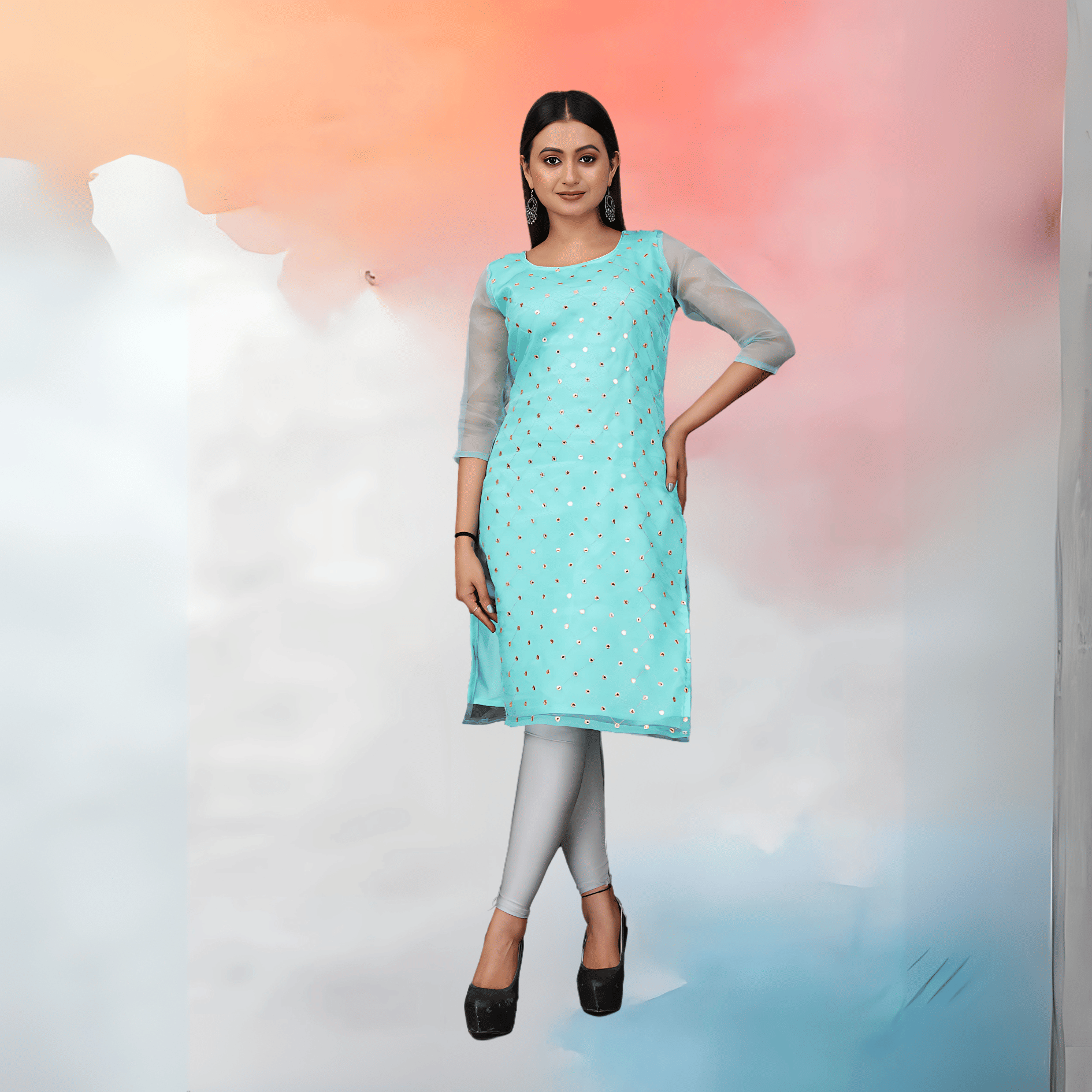     			Mithusa Women Organza Solid A-line Kurti ( Teal )