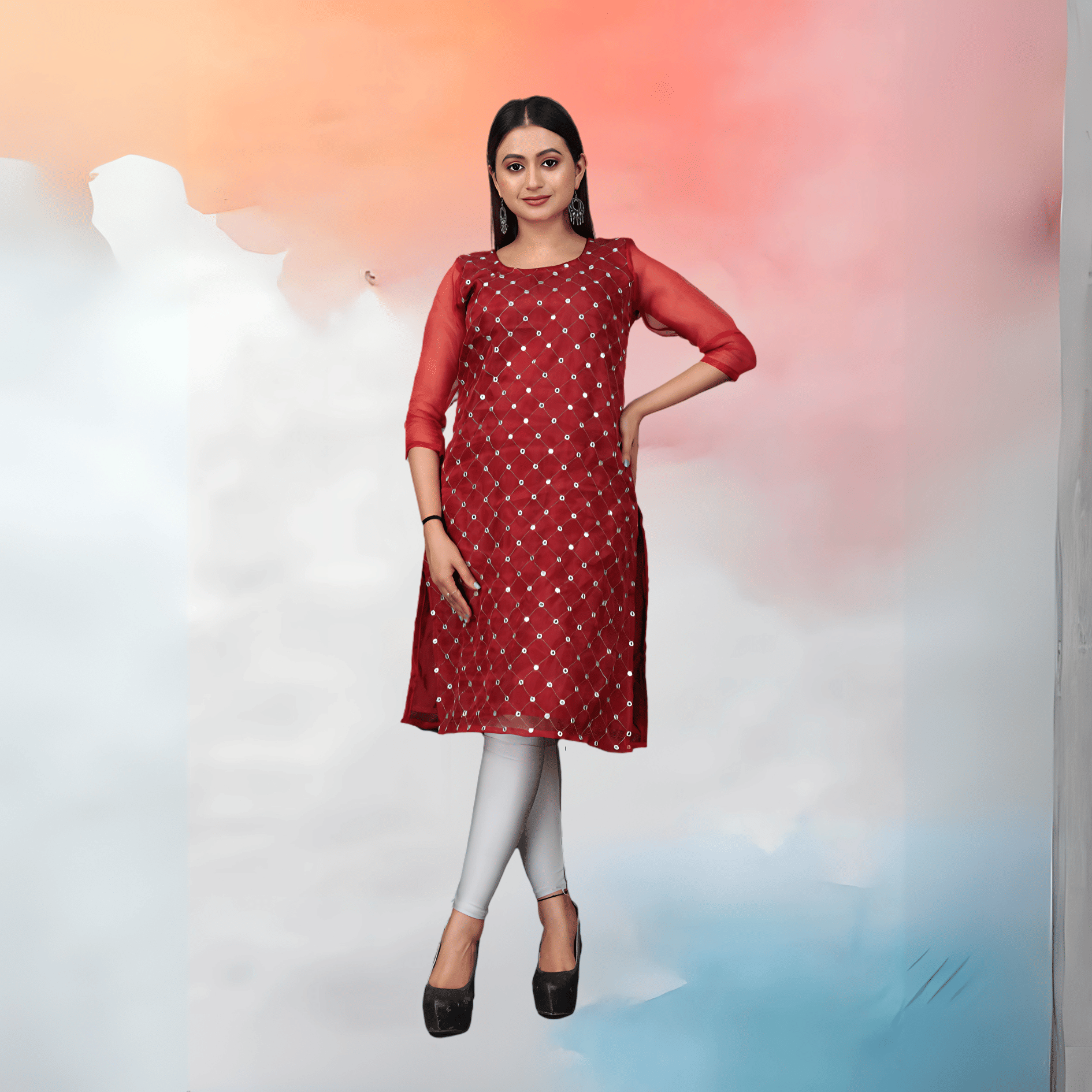     			Mithusa Women Organza Solid A-line Kurti ( Maroon )