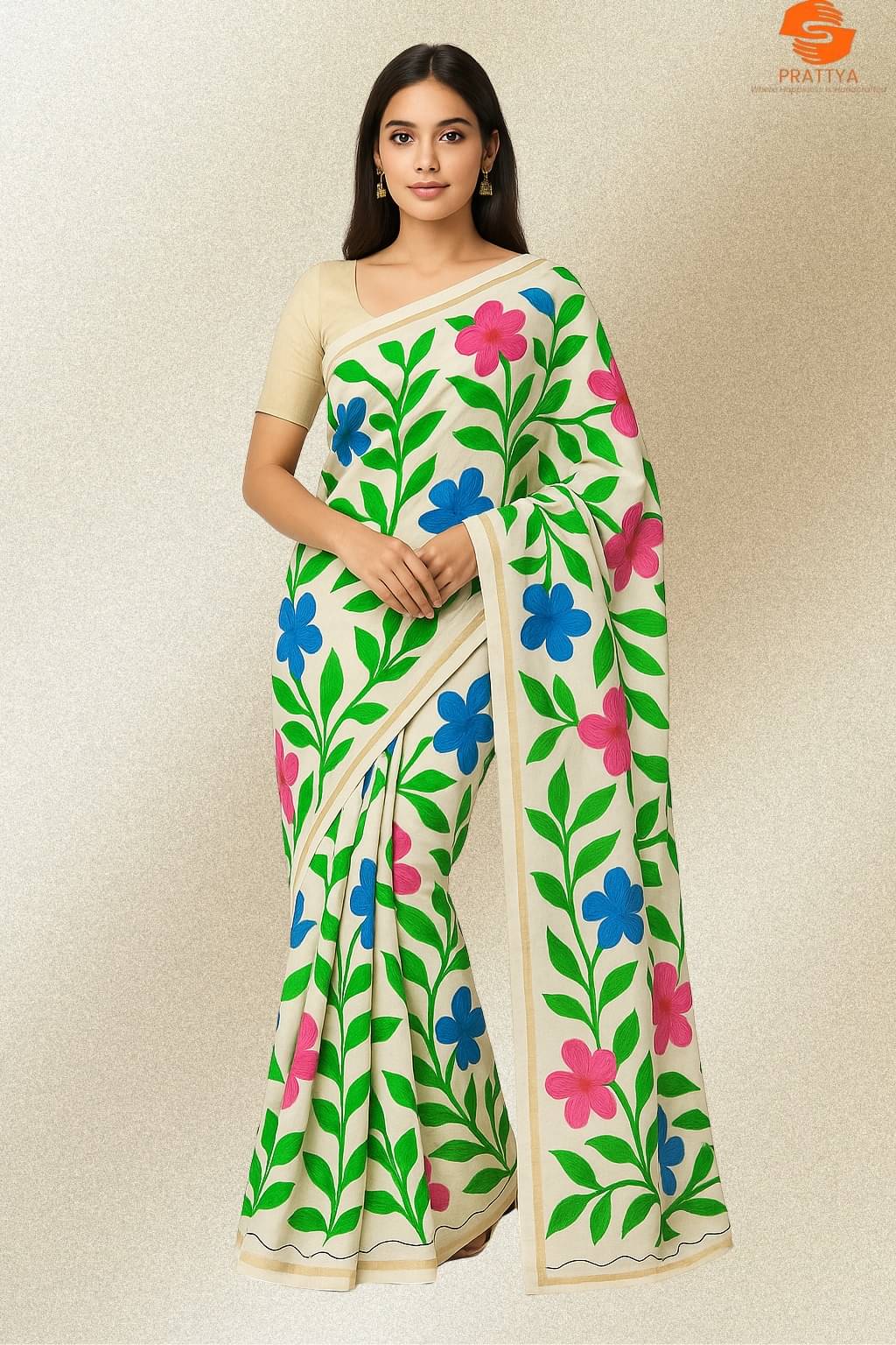     			PRATTYA Cotton Silk Self Design Kasavu Saree With Unstitched Blouse Piece ( Multicolor )