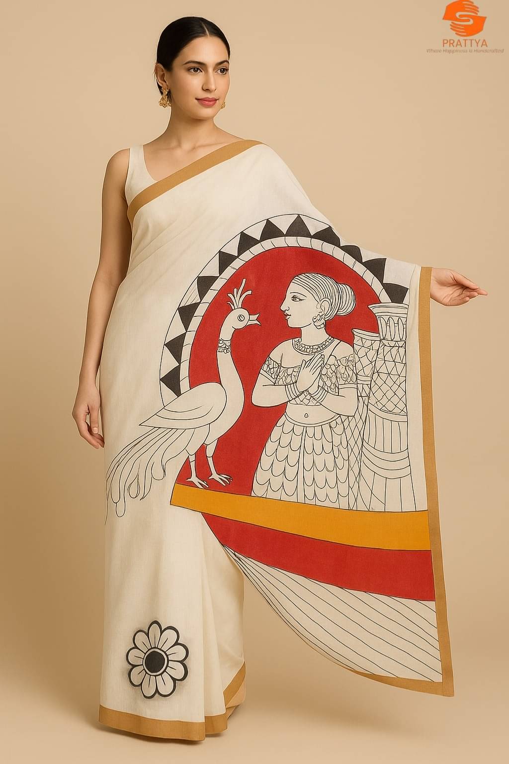 PRATTYA Cotton Silk Self Design Kasavu Saree With Unstitched Blouse Piece ( Black,Off White,Red )     			PRATTYA Cotton Silk Self Design Kasavu Saree With Unstitched Blouse Piece ( Black,Off White,Red )