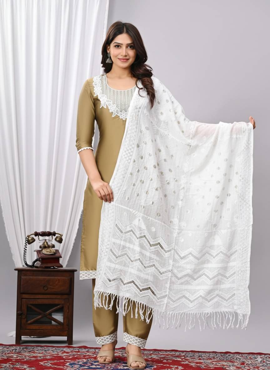     			RAMBAAN CREATION Women Silk Blend Embroidered Straight Kurti With Pants ( Khaki )