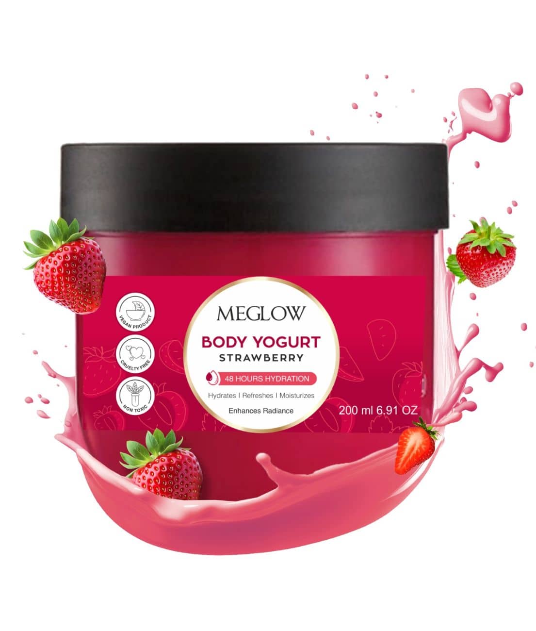 Meglow Strawberry Body Yogurt Moisturizer for Dry Skin and Long Lasting Skin Hydration 200ml