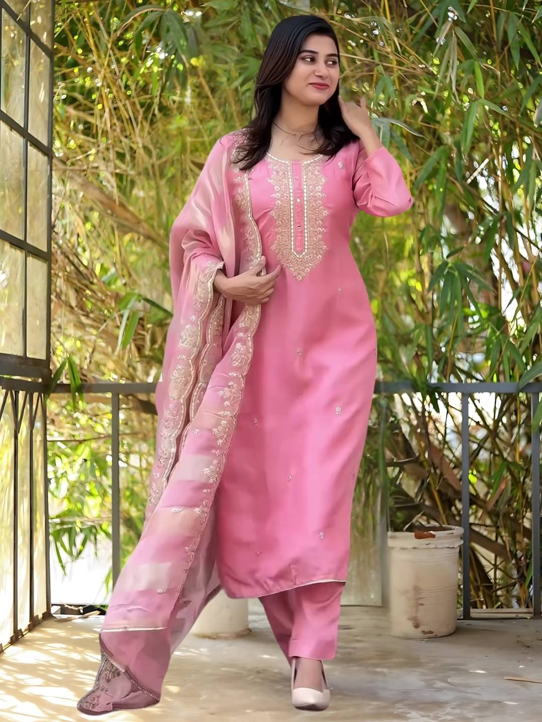 THE52 Women Cotton Blend Embroidered Straight Kurti With Pants ( Pink ) THE52 Women Cotton Blend Embroidered Straight Kurti With Pants ( Pink )