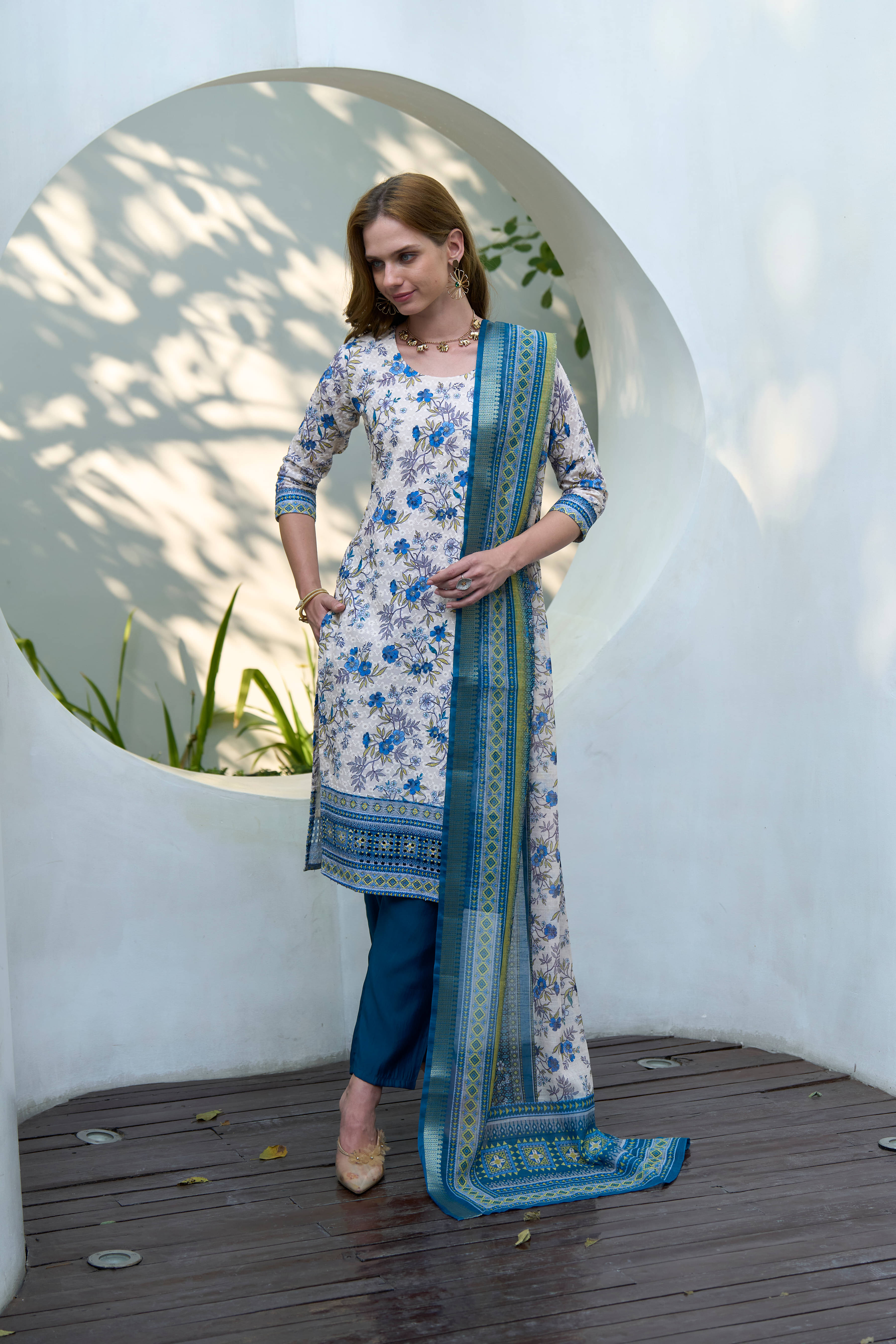 THE52 Women Cotton Embroidered Straight Kurti With Pants ( White )     			THE52 Women Cotton Embroidered Straight Kurti With Pants ( White )