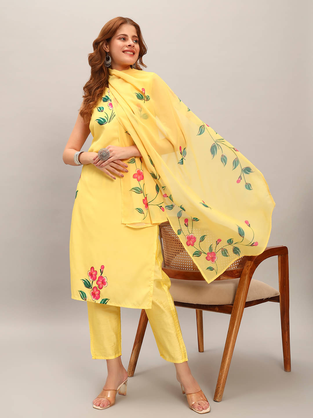 THE52 Women Crepe Printed Straight Kurti With Pants ( Yellow )     			THE52 Women Crepe Printed Straight Kurti With Pants ( Yellow )