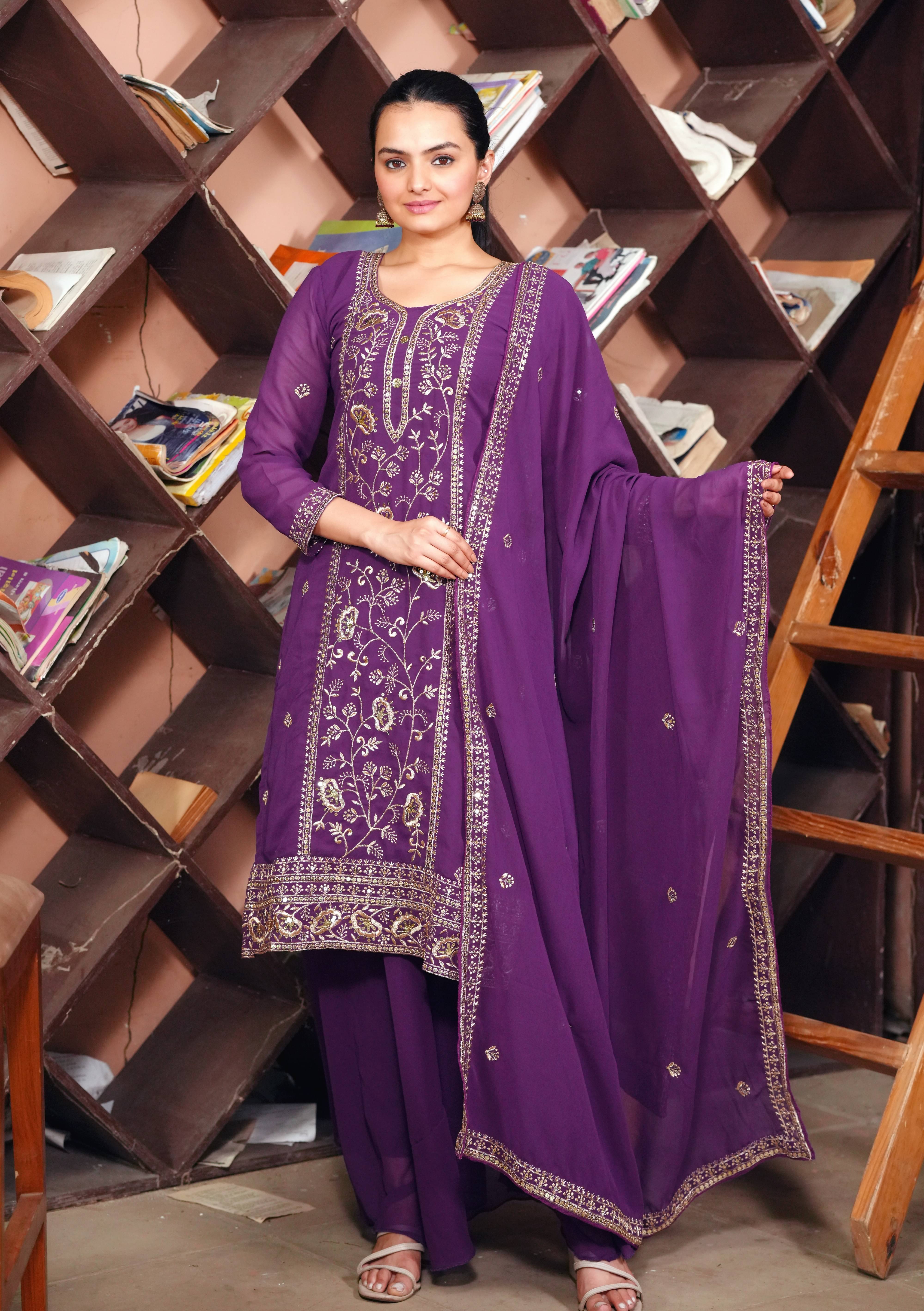 THE52 Women Georgette Embroidered Straight Kurti With Pants ( Purple ) THE52 Women Georgette Embroidered Straight Kurti With Pants ( Purple )