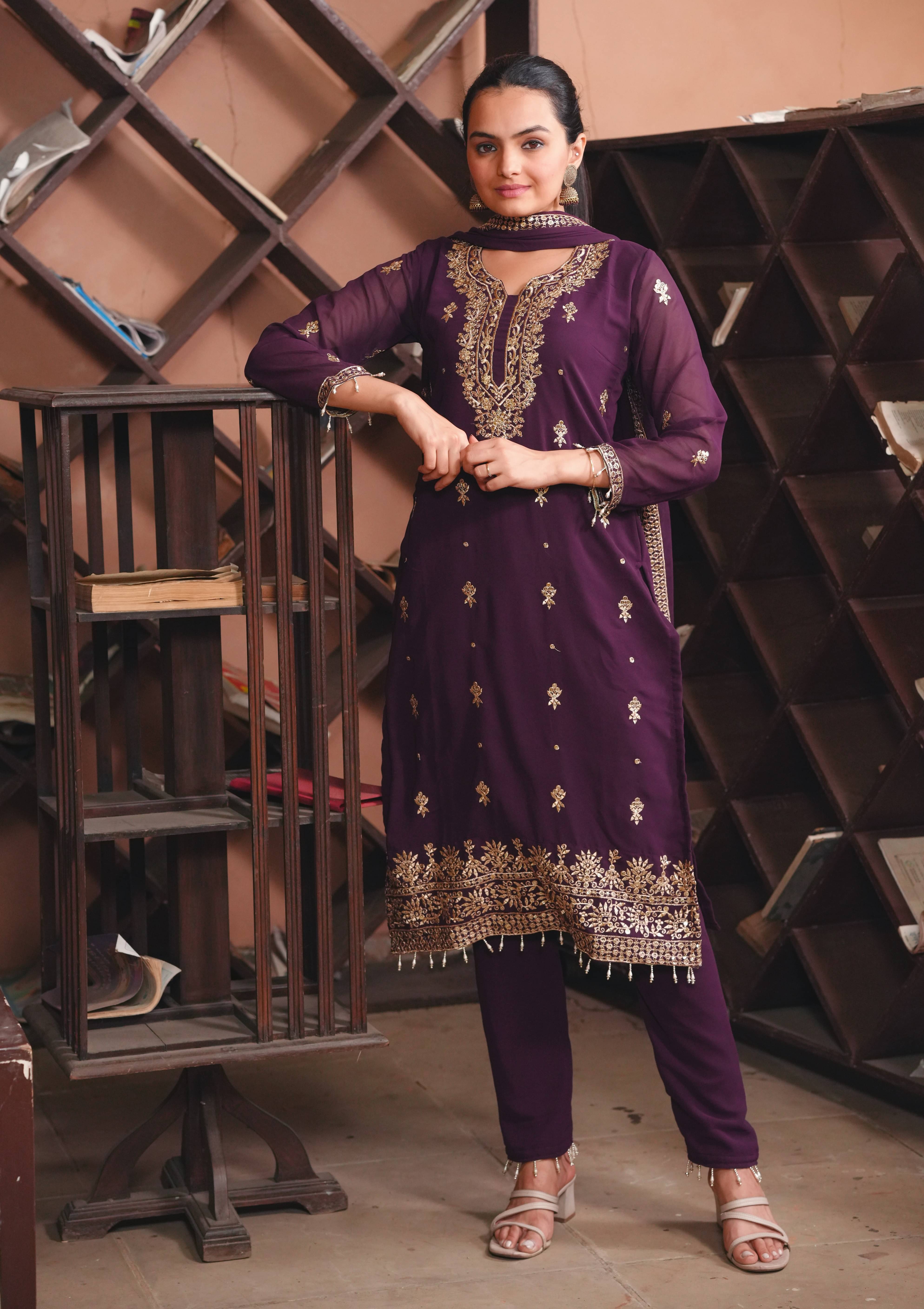 THE52 Women Georgette Embroidered Straight Kurti With Pants ( Wine ) THE52 Women Georgette Embroidered Straight Kurti With Pants ( Wine )
