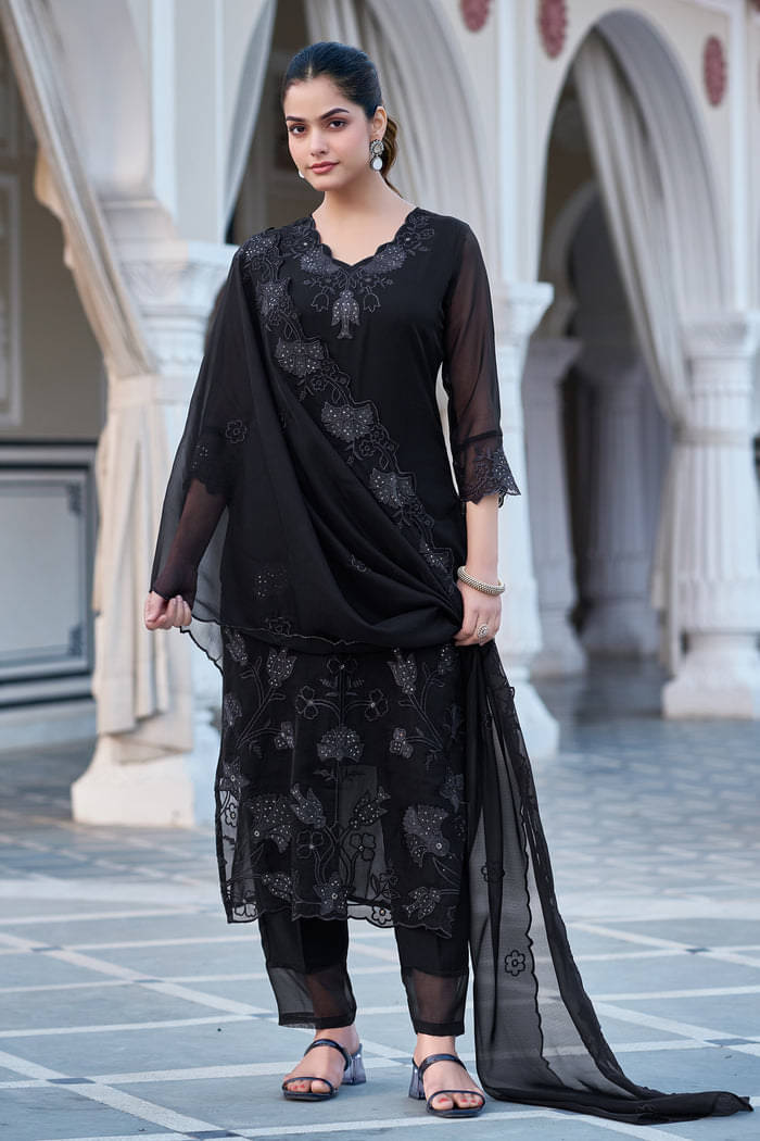 THE52 Women Georgette Embroidered Straight Kurti With Pants ( Black ) THE52 Women Georgette Embroidered Straight Kurti With Pants ( Black )
