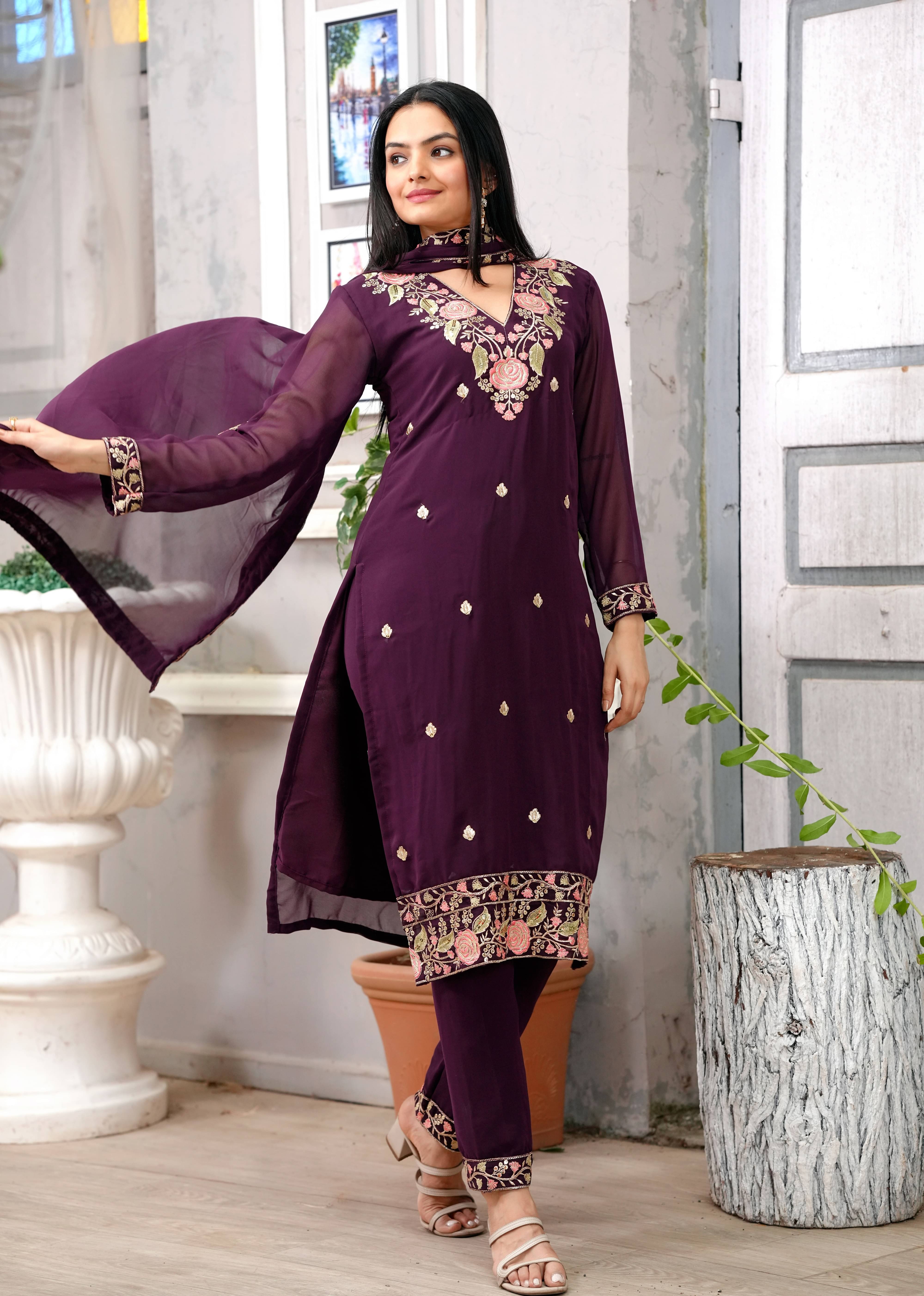 THE52 Women Georgette Embroidered Straight Kurti With Pants ( Wine ) THE52 Women Georgette Embroidered Straight Kurti With Pants ( Wine )