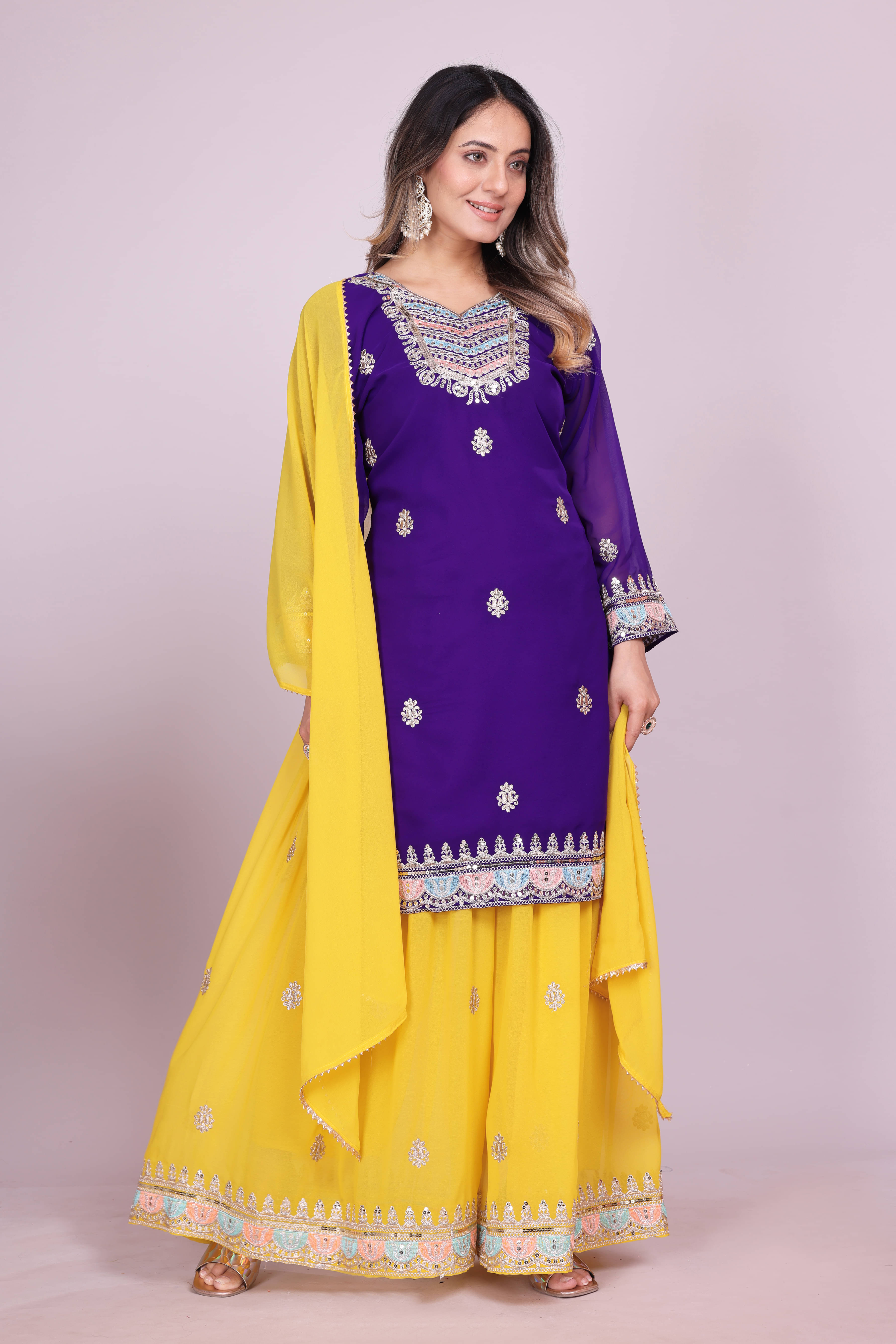 THE52 Women Georgette Embroidered Straight Kurti With Sharara And Gharara ( Violet ) THE52 Women Georgette Embroidered Straight Kurti With Sharara And Gharara ( Violet )