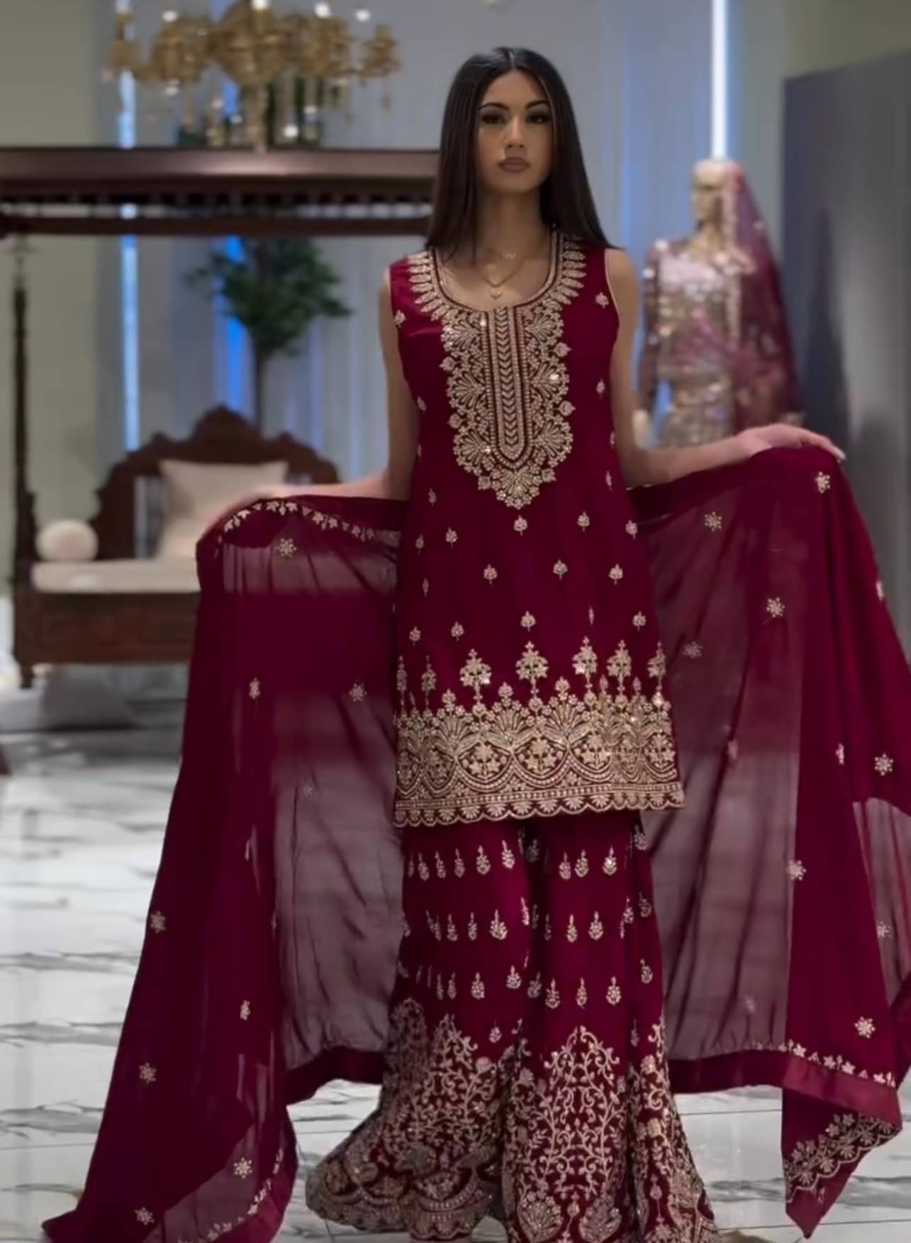 THE52 Women Georgette Embroidered Straight Kurti With Sharara And Gharara ( Maroon )     			THE52 Women Georgette Embroidered Straight Kurti With Sharara And Gharara ( Maroon )