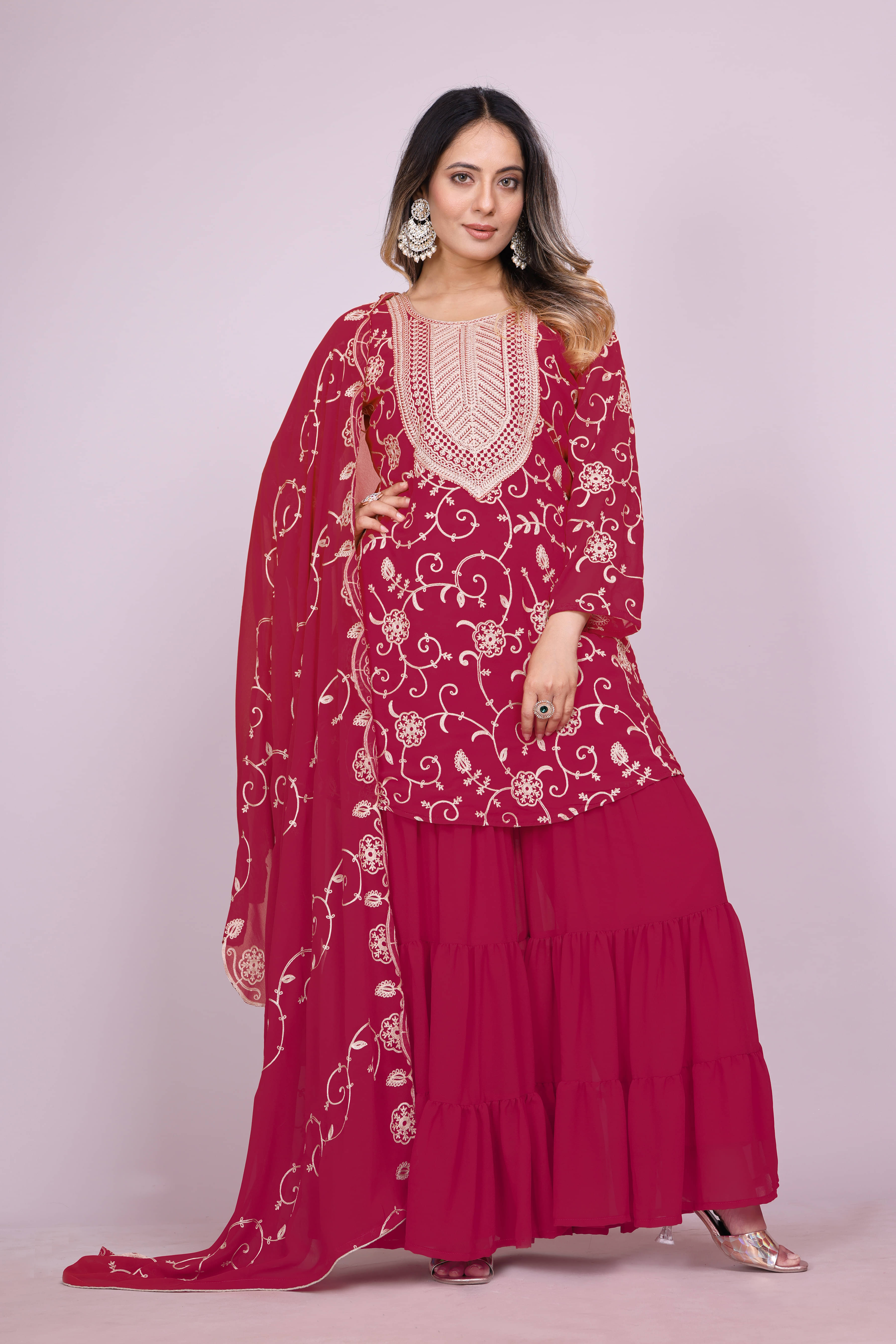 THE52 Women Georgette Embroidered Straight Kurti With Sharara And Gharara ( Pink ) THE52 Women Georgette Embroidered Straight Kurti With Sharara And Gharara ( Pink )