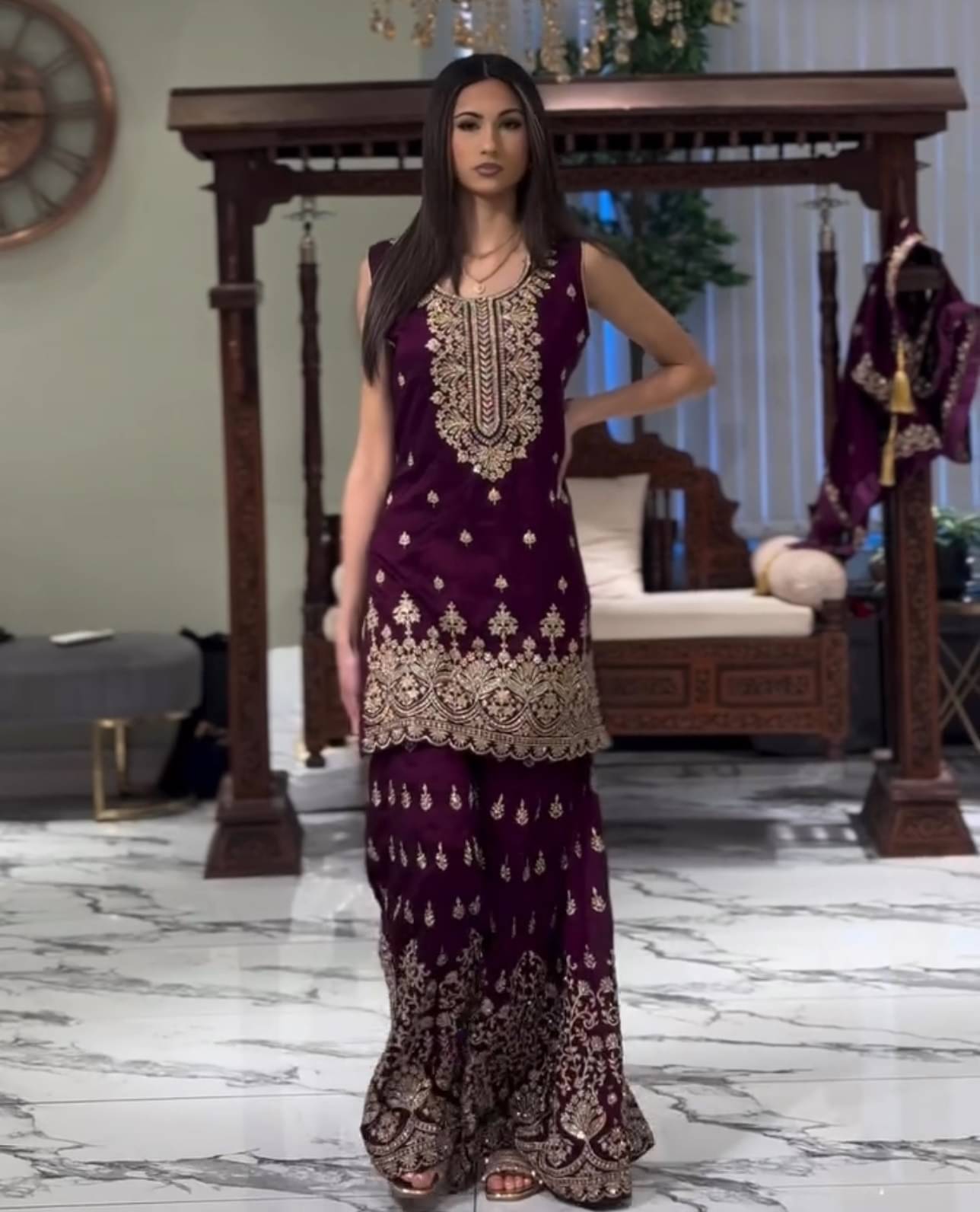 THE52 Women Georgette Embroidered Straight Kurti With Sharara And Gharara ( Wine ) THE52 Women Georgette Embroidered Straight Kurti With Sharara And Gharara ( Wine )