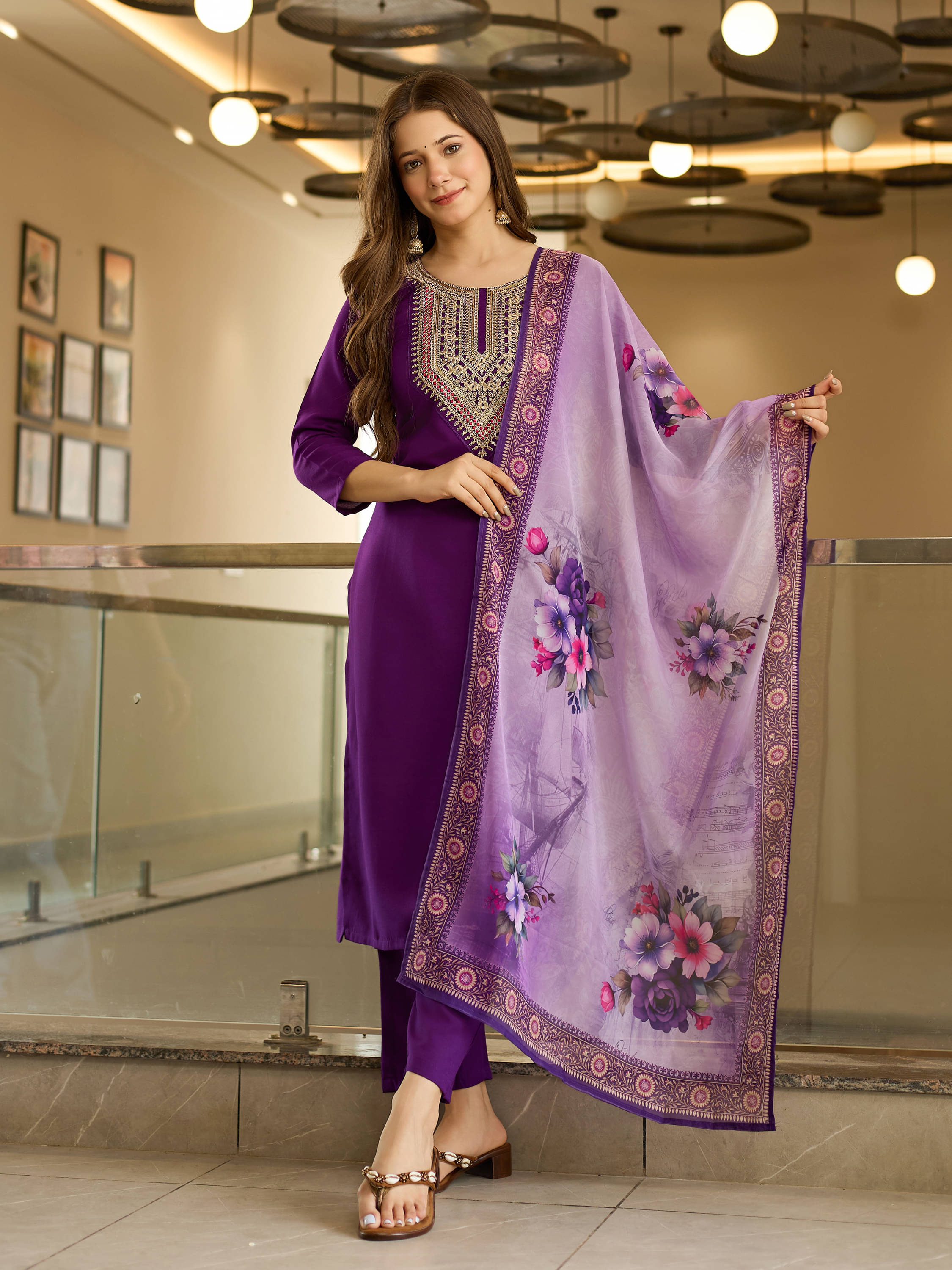     			THE52 Women Rayon Embroidered Straight Kurti With Pants ( Purple )