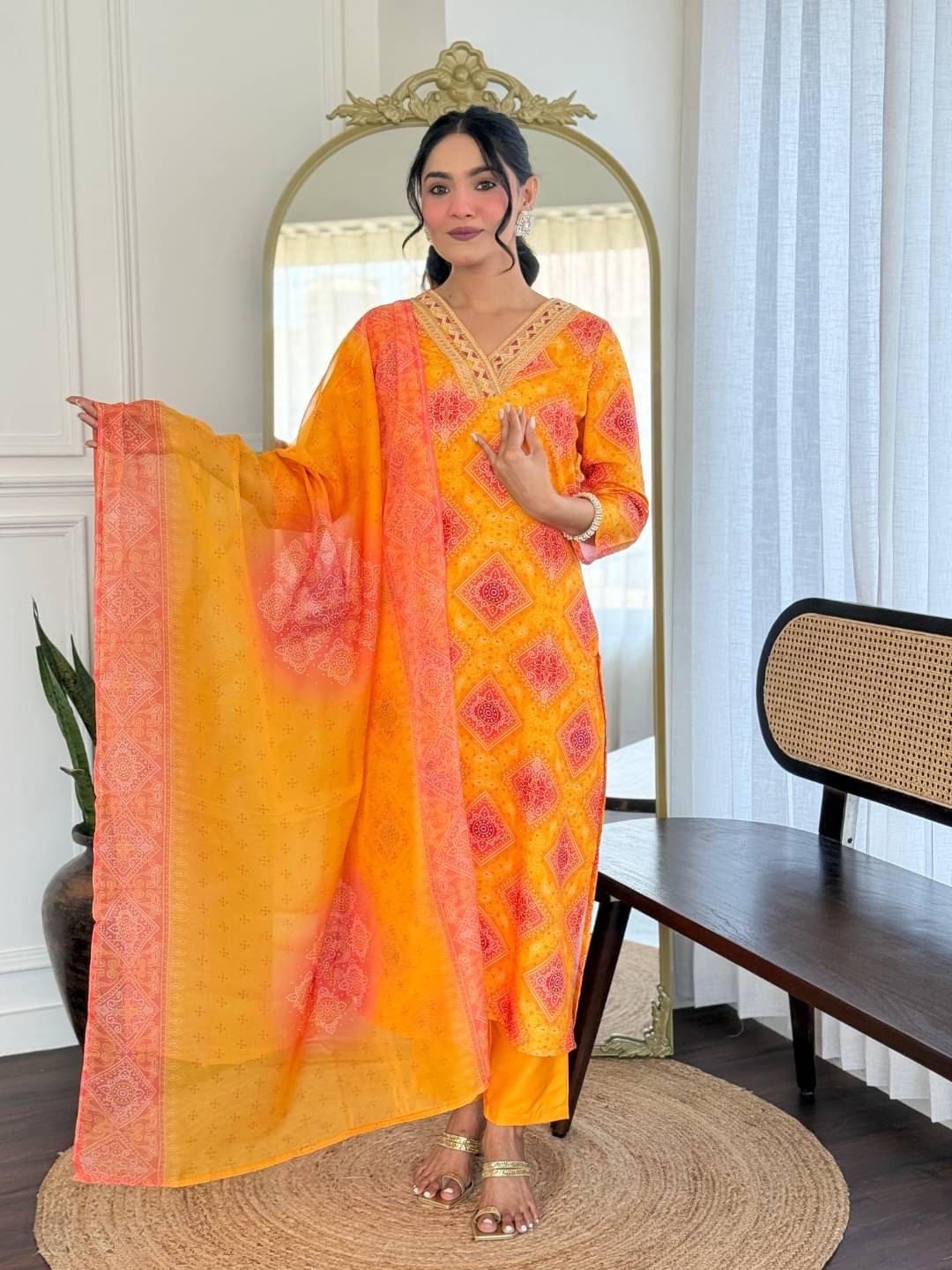     			THE52 Women Rayon Embroidered Straight Kurti With Pants ( Yellow )