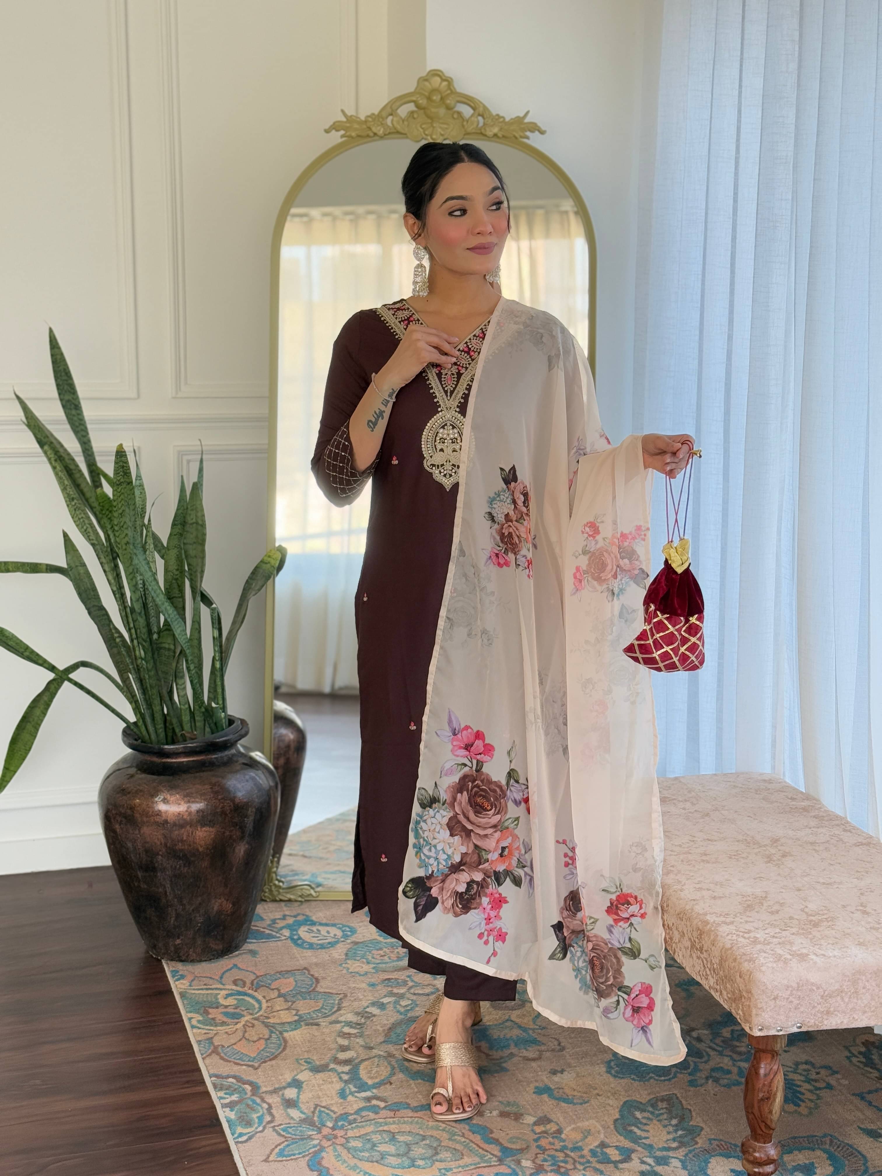 THE52 Women Rayon Embroidered Straight Kurti With Pants ( Coffee )     			THE52 Women Rayon Embroidered Straight Kurti With Pants ( Coffee )