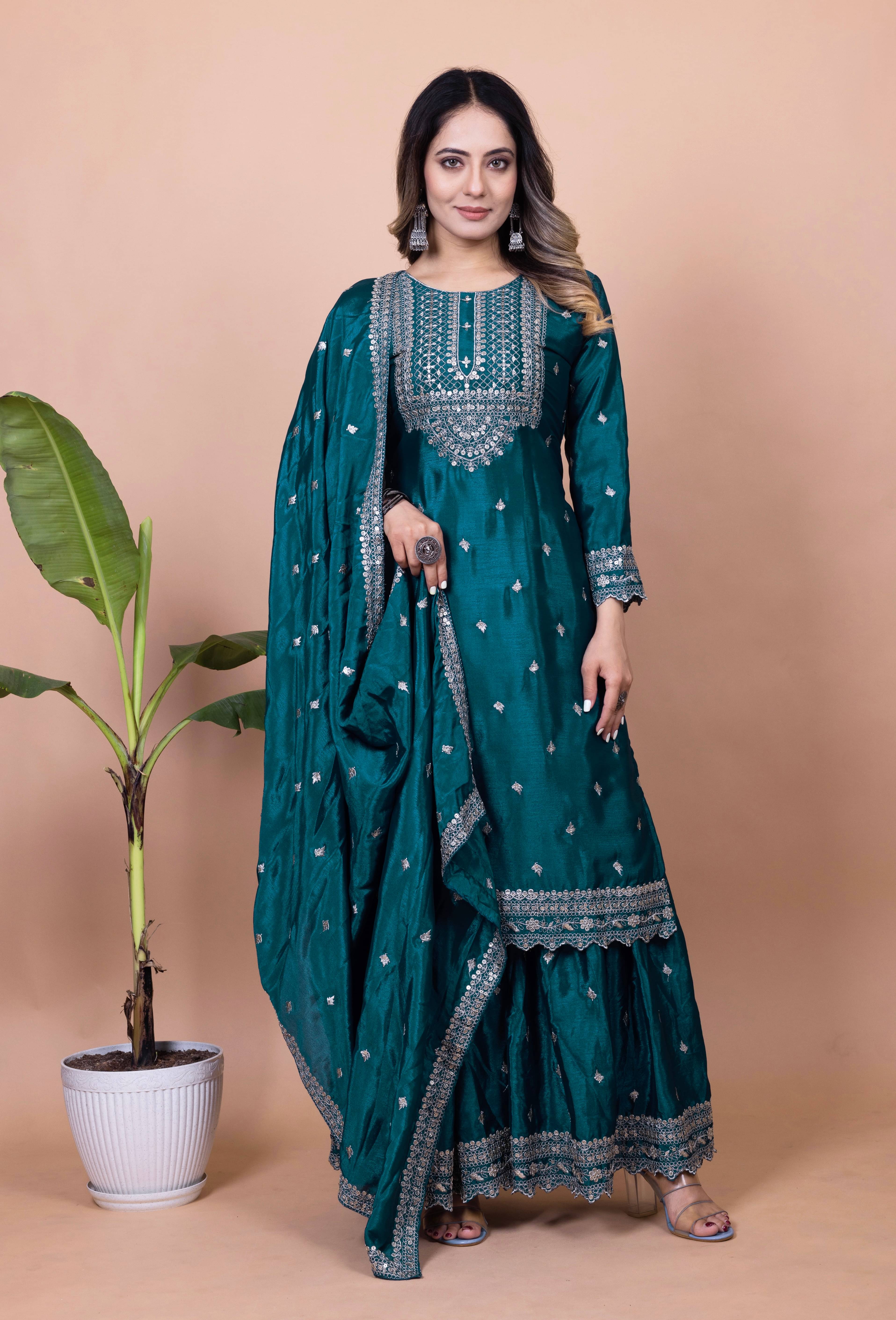 THE52 Women Silk Blend Embroidered Straight Kurti With Sharara And Gharara ( Teal ) THE52 Women Silk Blend Embroidered Straight Kurti With Sharara And Gharara ( Teal )