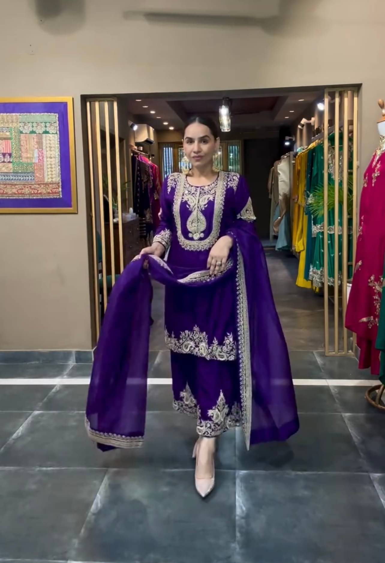     			THE52 Women Silk Blend Embroidered Straight Kurti With Palazzo ( Purple )
