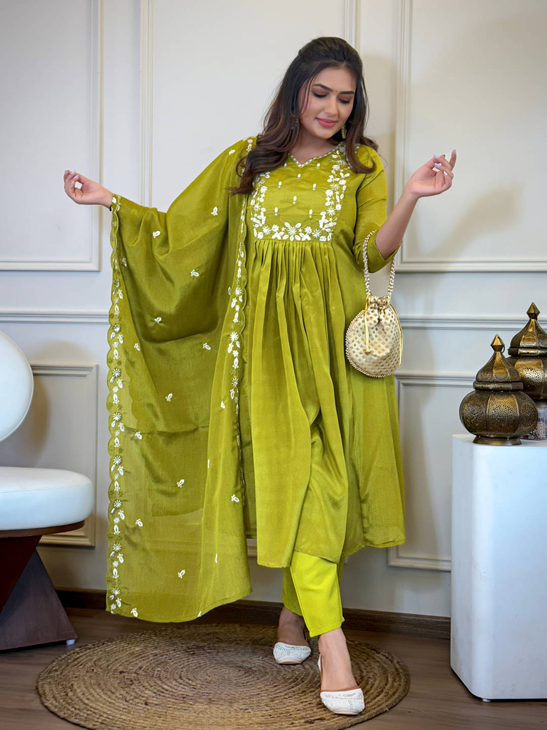 THE52 Women Silk Blend Embroidered Straight Kurti With Pants ( Lemon Yellow ) THE52 Women Silk Blend Embroidered Straight Kurti With Pants ( Lemon Yellow )