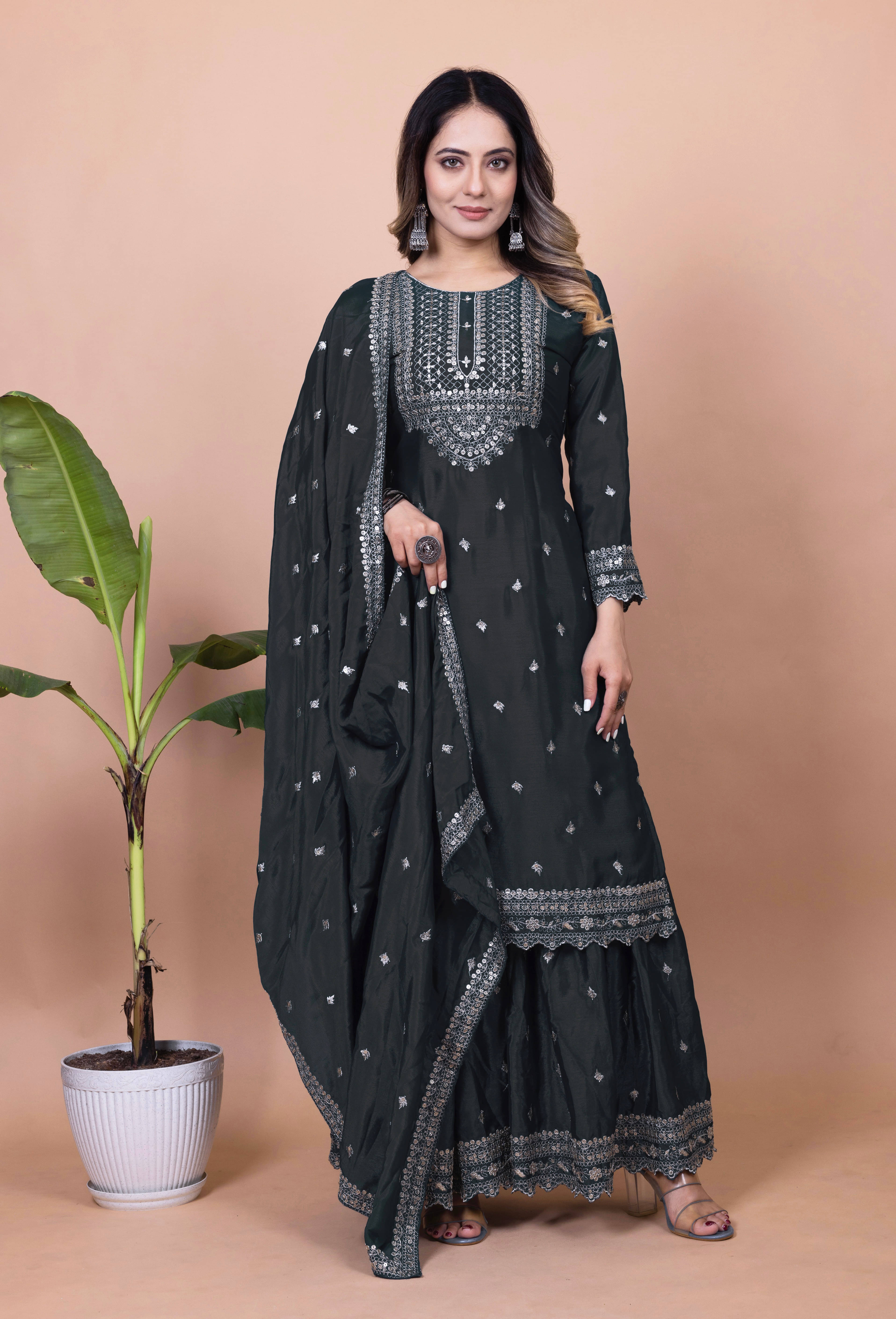     			THE52 Women Silk Blend Embroidered Straight Kurti With Sharara And Gharara ( Black )