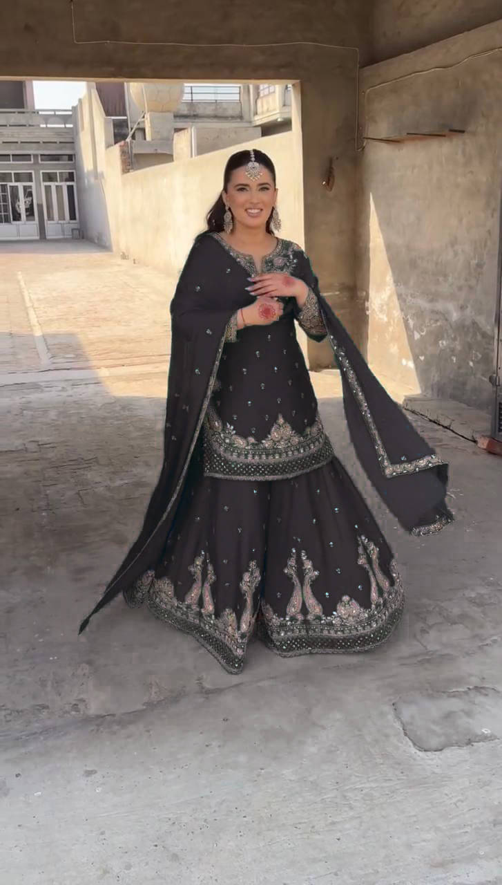     			THE52 Women Silk Blend Embroidered Straight Kurti With Sharara And Gharara ( Black )