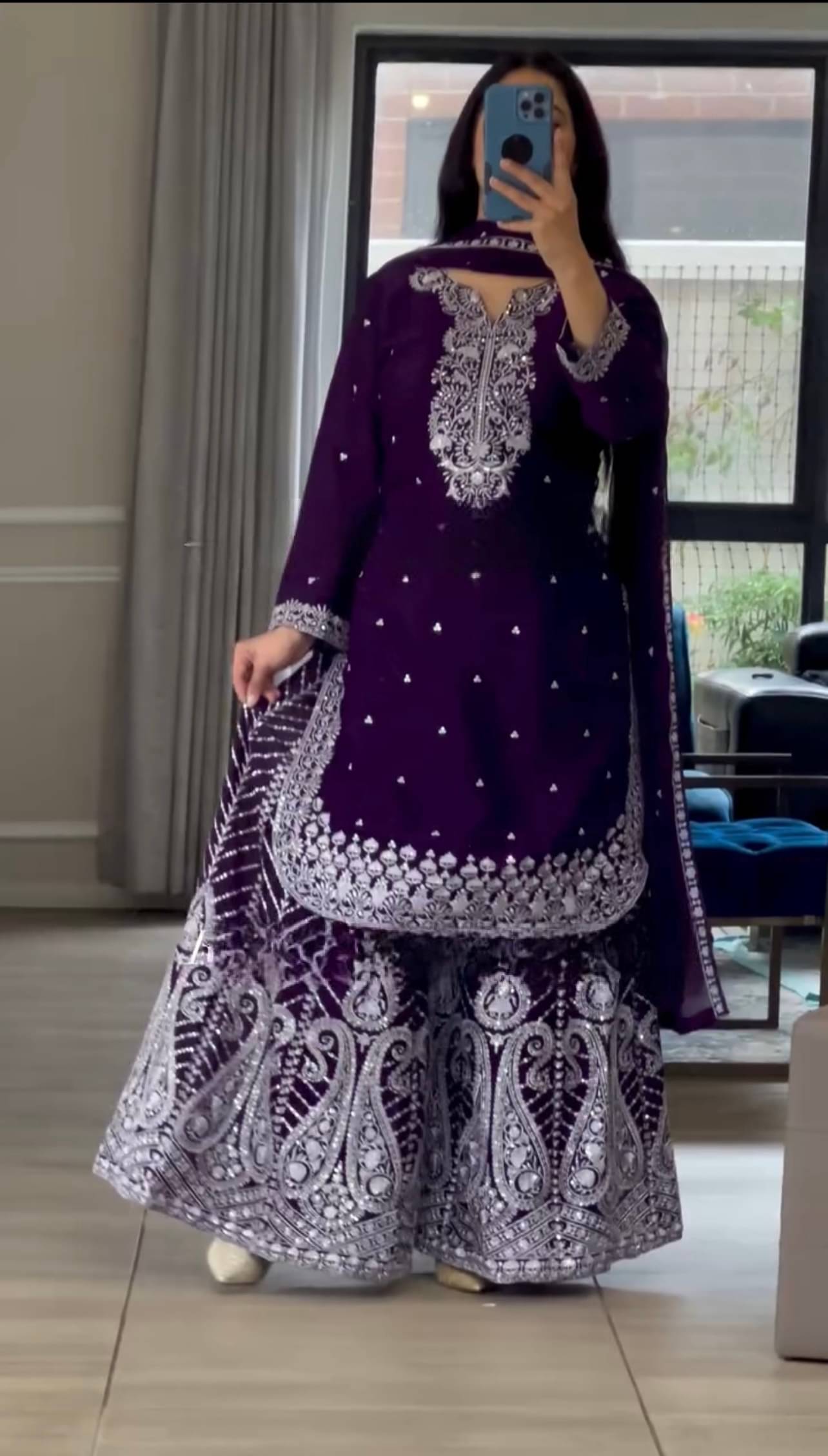     			THE52 Women Silk Blend Embroidered Straight Kurti With Sharara And Gharara ( Purple )