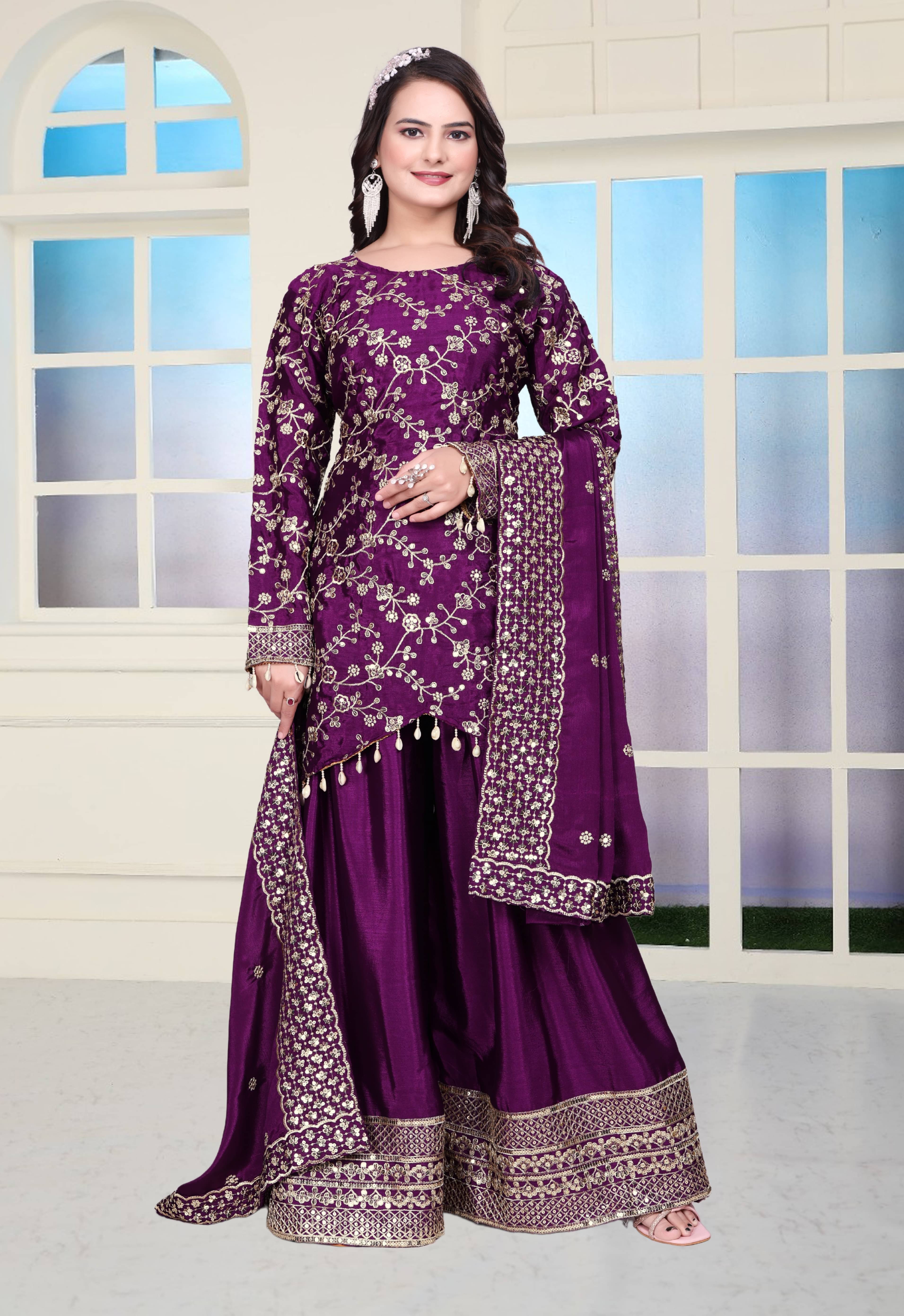     			THE52 Women Silk Blend Embroidered Straight Kurti With Sharara And Gharara ( Wine )