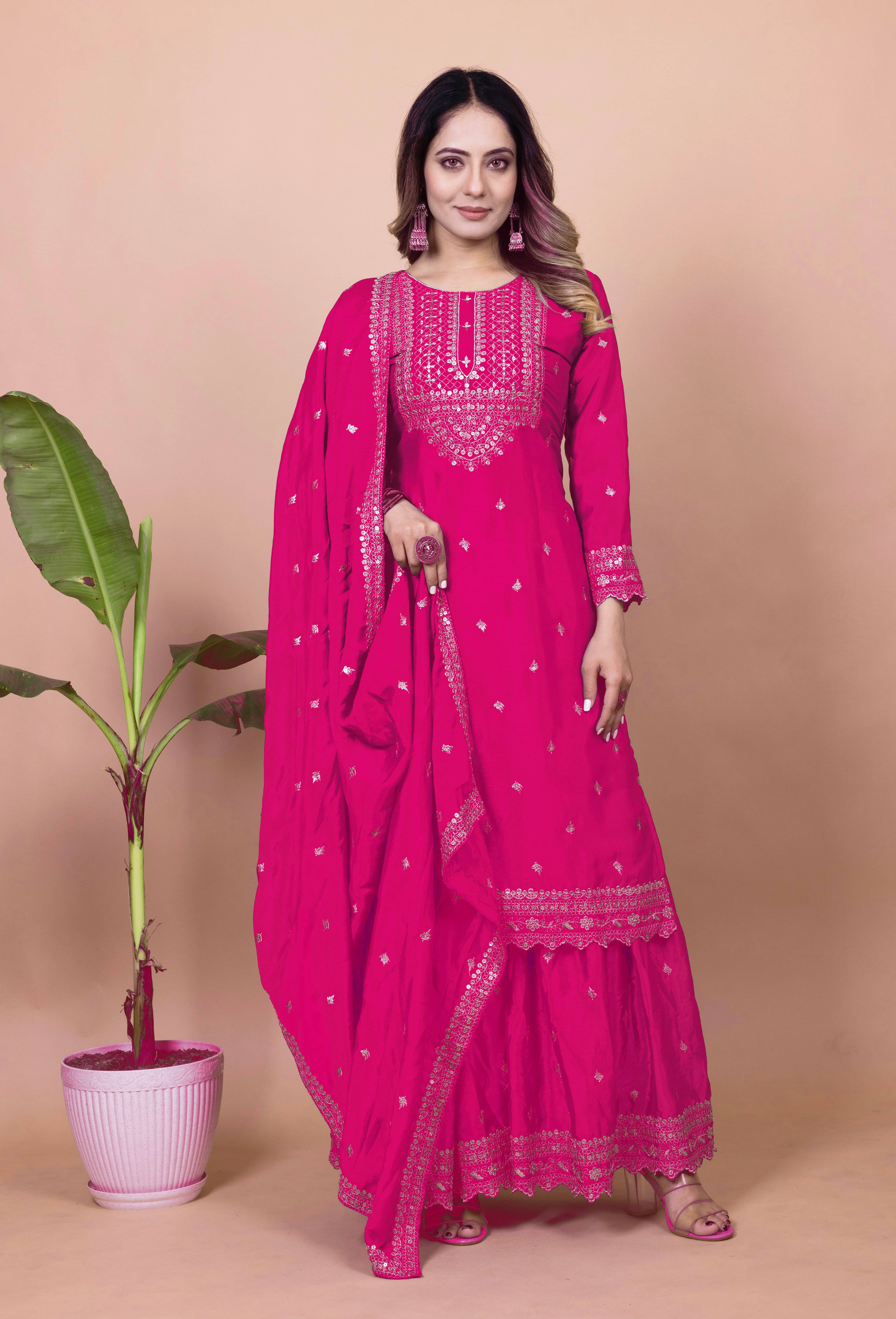 THE52 Women Silk Blend Embroidered Straight Kurti With Sharara And Gharara ( Pink )     			THE52 Women Silk Blend Embroidered Straight Kurti With Sharara And Gharara ( Pink )