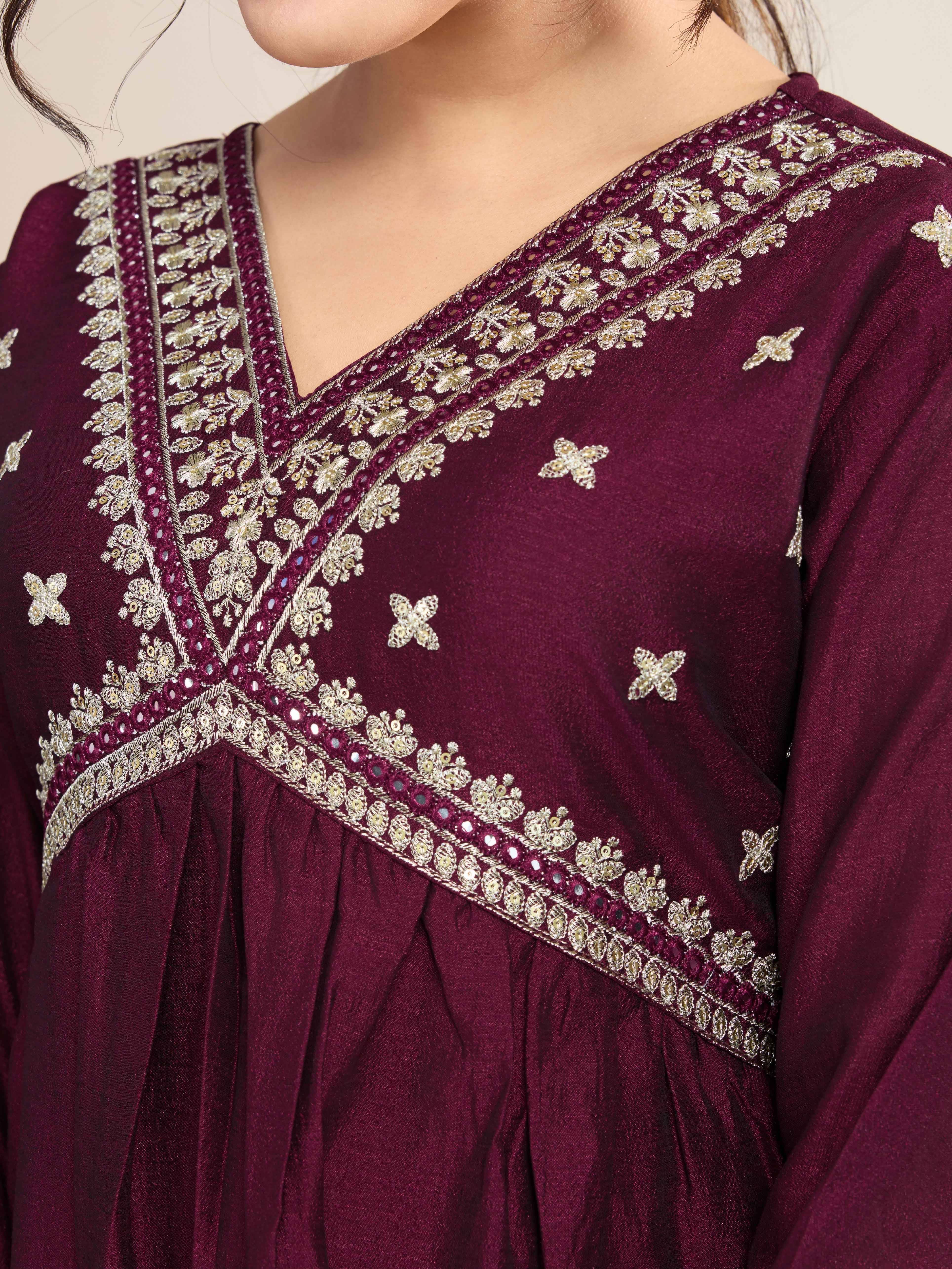     			THE52 Women Silk Blend Embroidered Straight Kurti With Pants ( Wine )