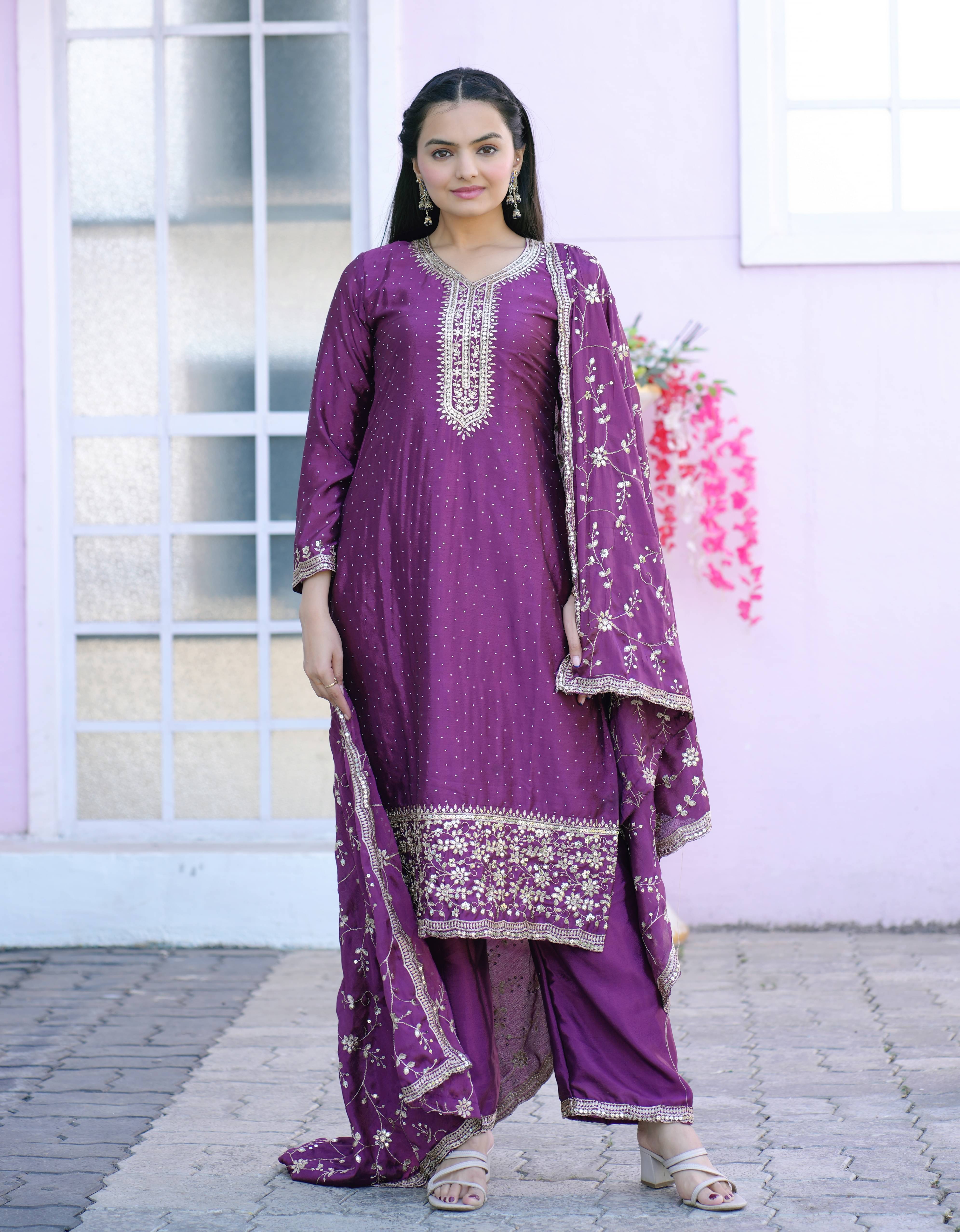     			THE52 Women Silk Blend Embroidered Straight Kurti With Palazzo ( Purple )
