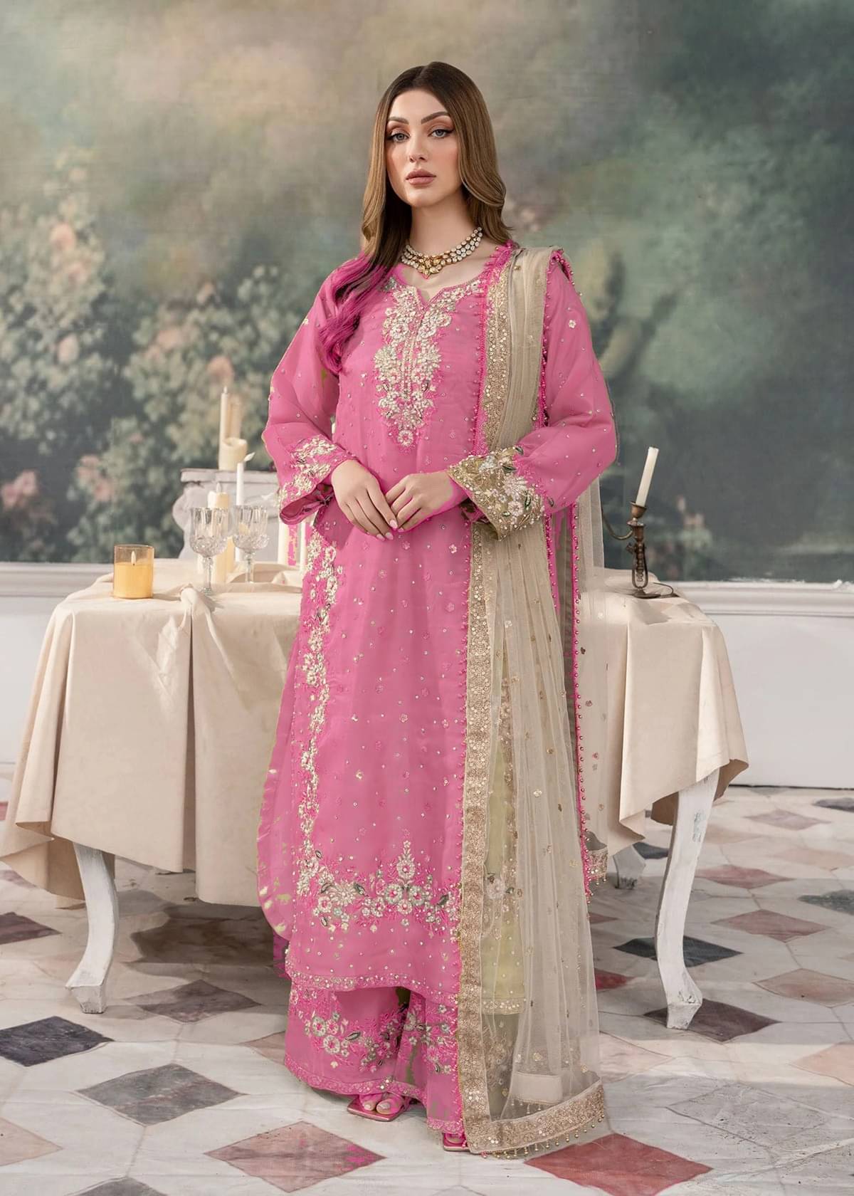 THE52 Women Silk Blend Embroidered Straight Kurti With Pants ( Pink )     			THE52 Women Silk Blend Embroidered Straight Kurti With Pants ( Pink )