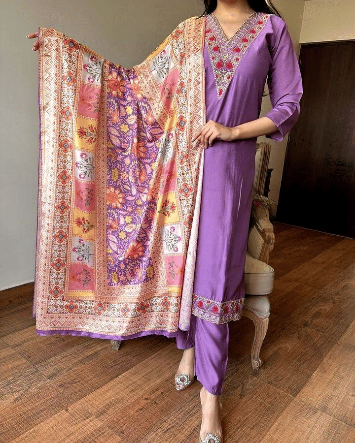 THE52 Women Viscose Embroidered Straight Kurti With Pants ( Lavender ) THE52 Women Viscose Embroidered Straight Kurti With Pants ( Lavender )