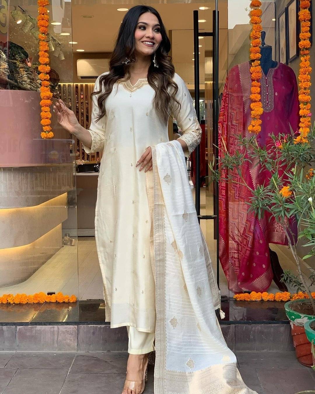     			THE52 Women Viscose Embroidered Straight Kurti With Pants ( White )