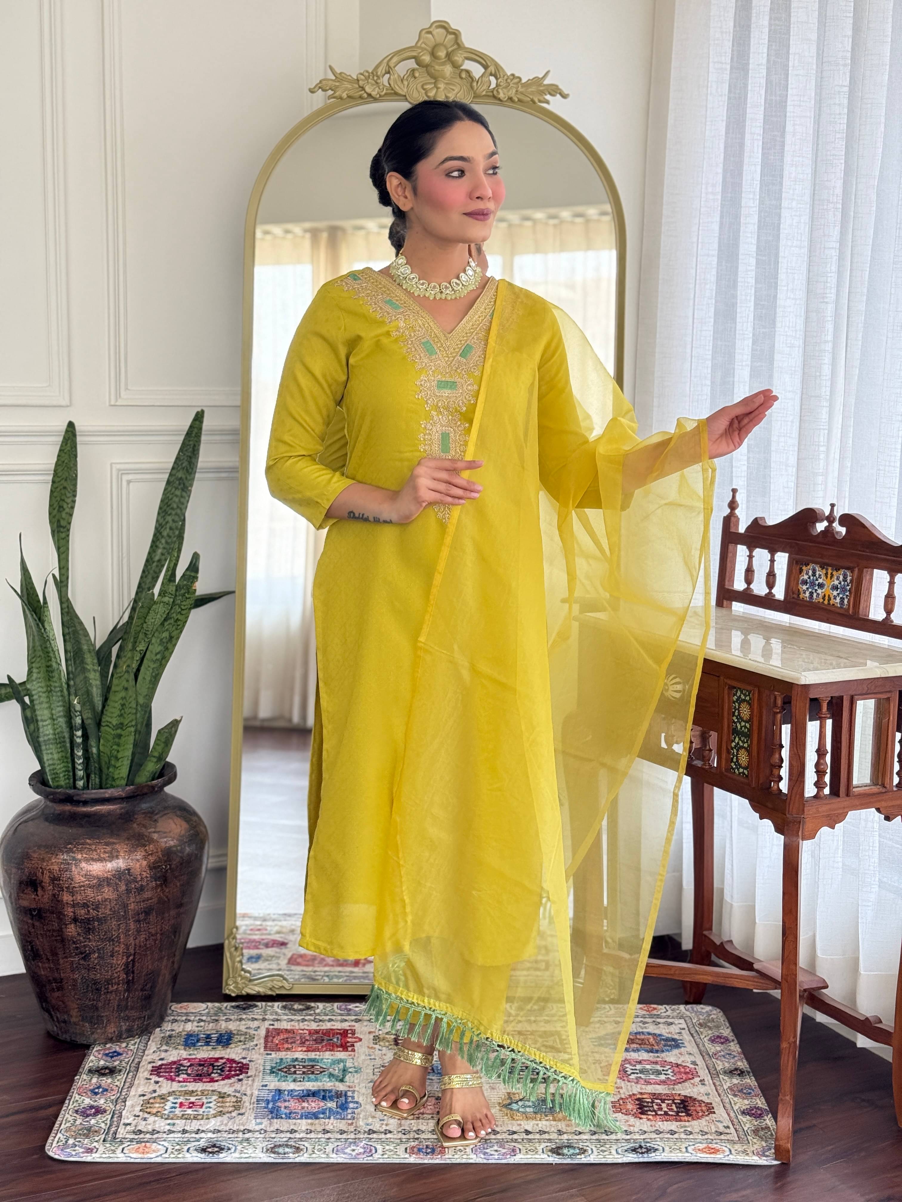     			THE52 Women Viscose Embroidered Straight Kurti With Pants ( Light Green )