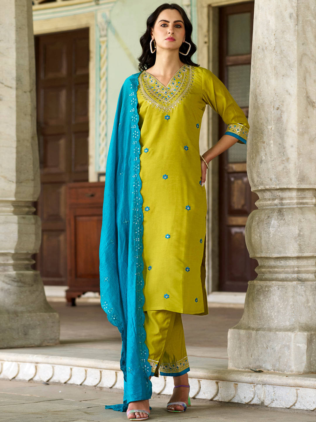     			THE52 Women Viscose Embroidered Straight Kurti With Pants ( Lemon Yellow )