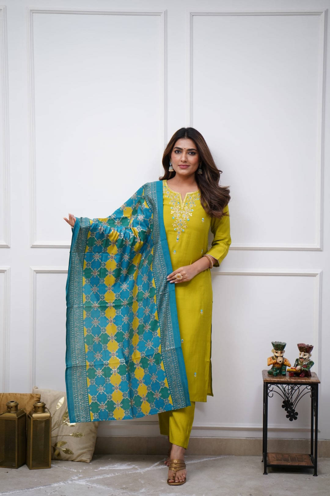    			THE52 Women Viscose Embroidered Straight Kurti With Pants ( Lemon Yellow )