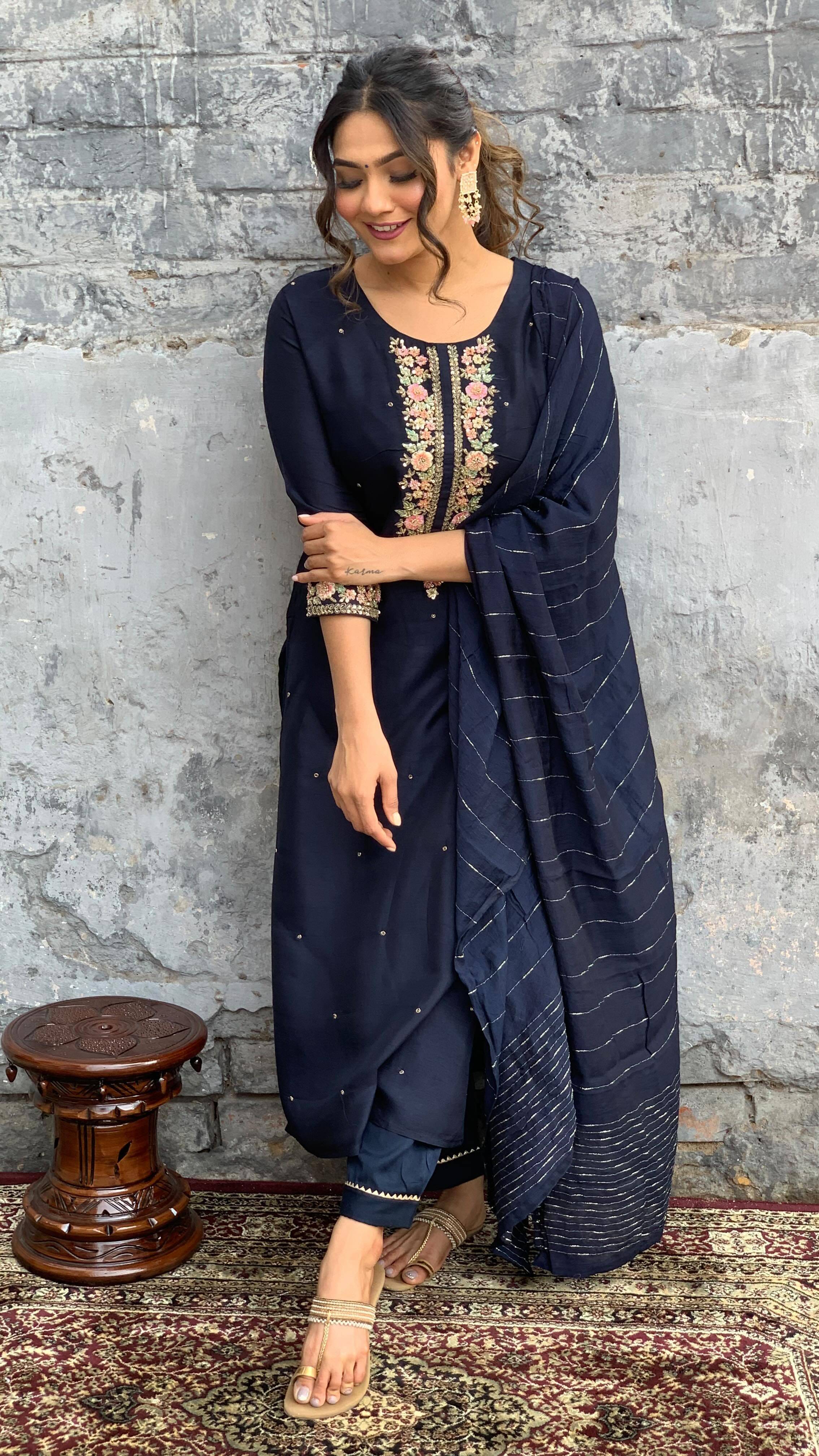     			THE52 Women Viscose Embroidered Straight Kurti With Pants ( Blue )