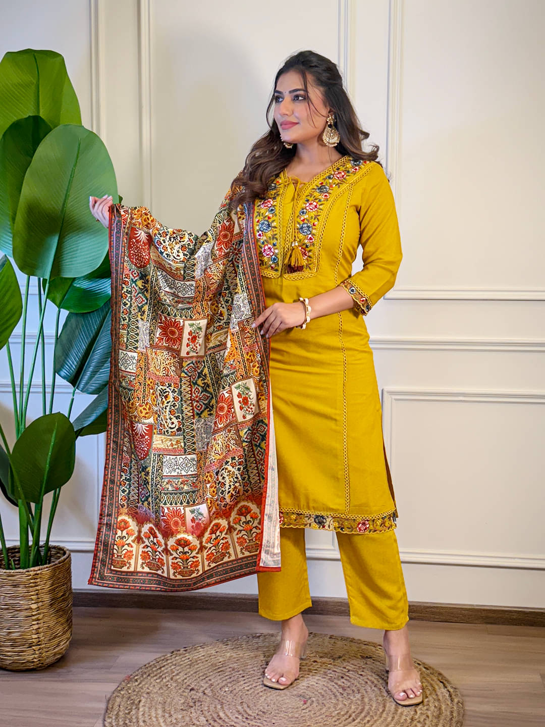     			THE52 Women Viscose Embroidered Straight Kurti With Pants ( Mustard )
