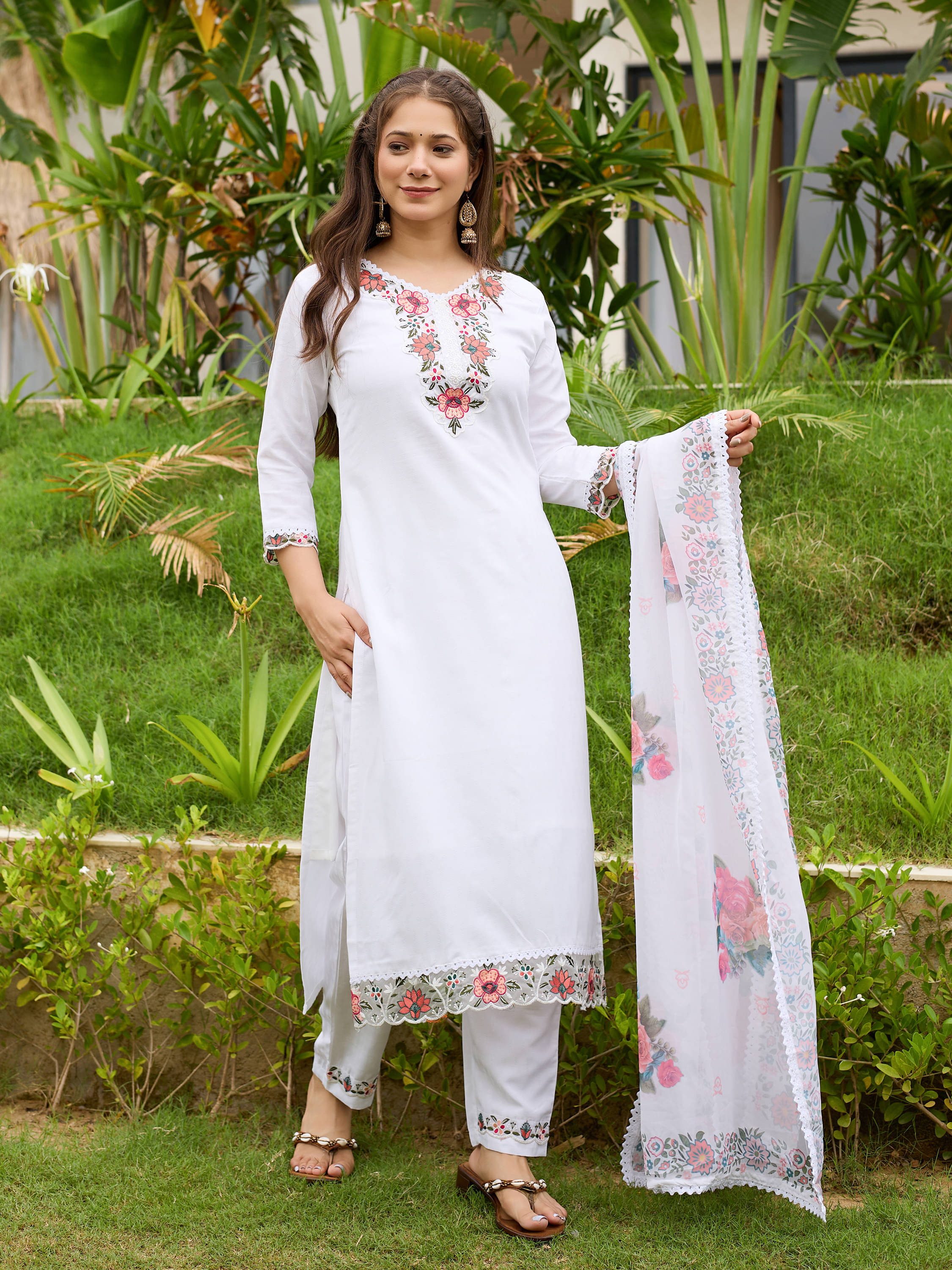     			THE52 Women Viscose Embroidered Straight Kurti With Pants ( White )