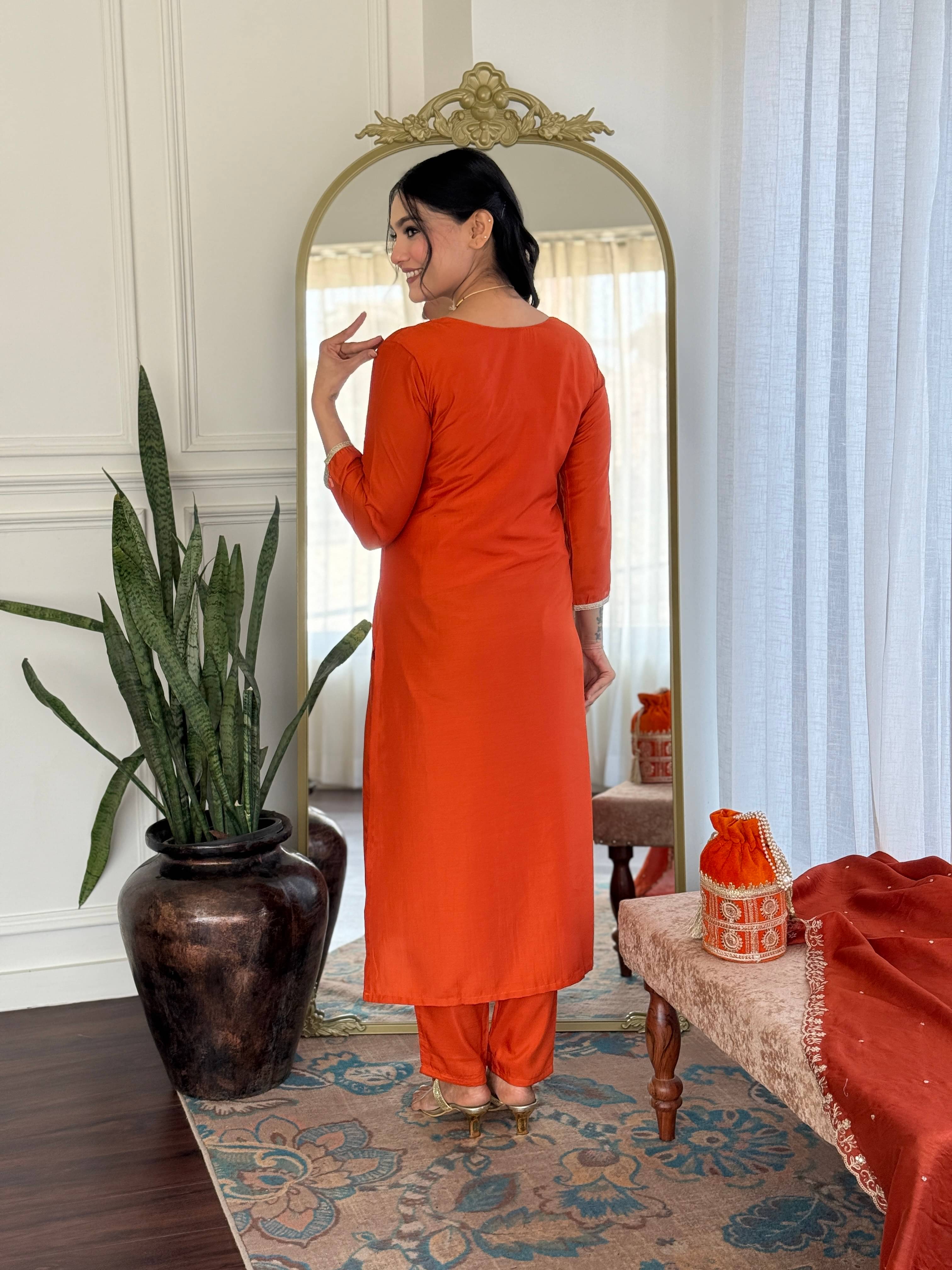     			THE52 Women Viscose Embroidered Straight Kurti With Pants ( Orange )