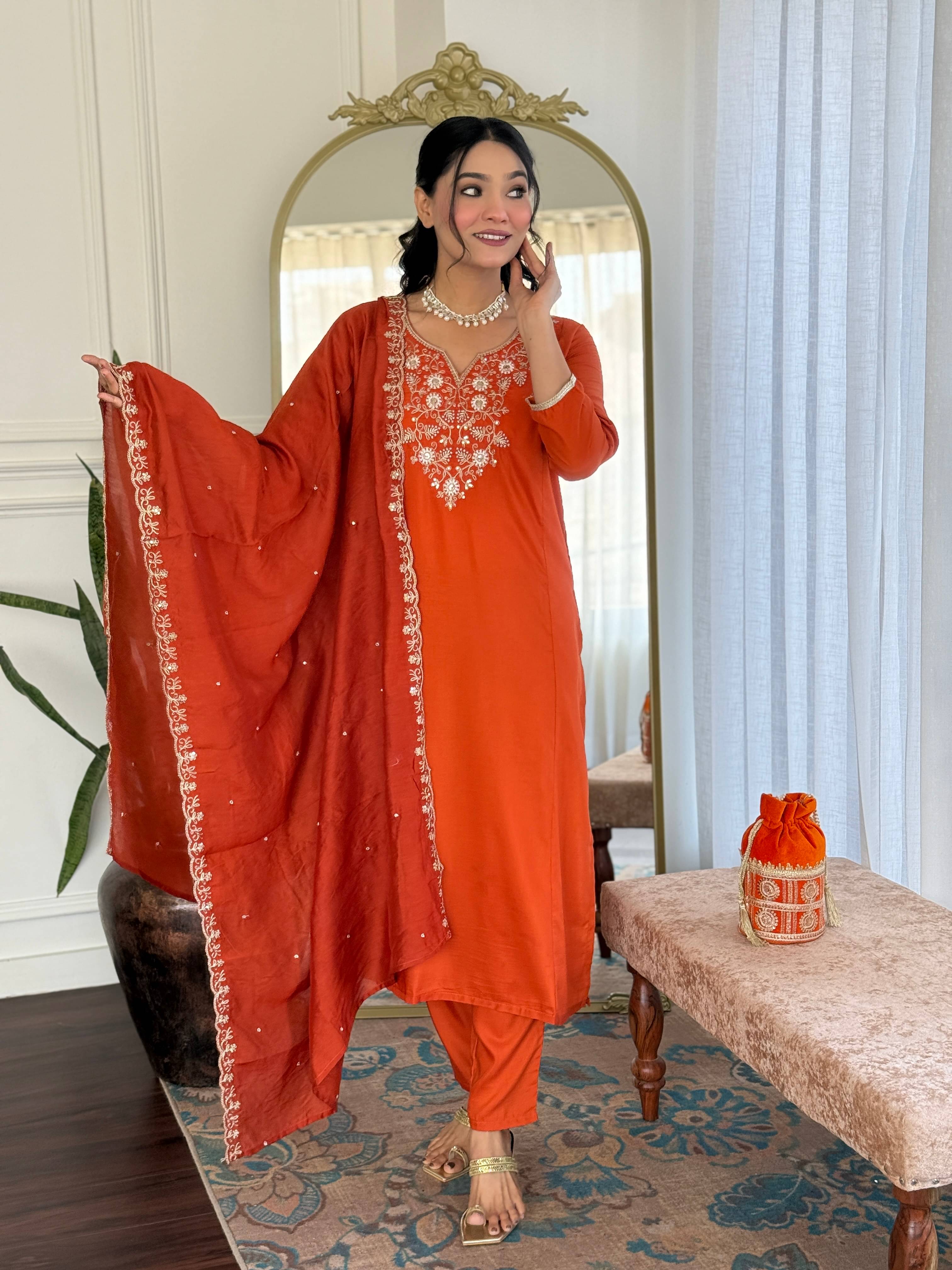     			THE52 Women Viscose Embroidered Straight Kurti With Pants ( Orange )