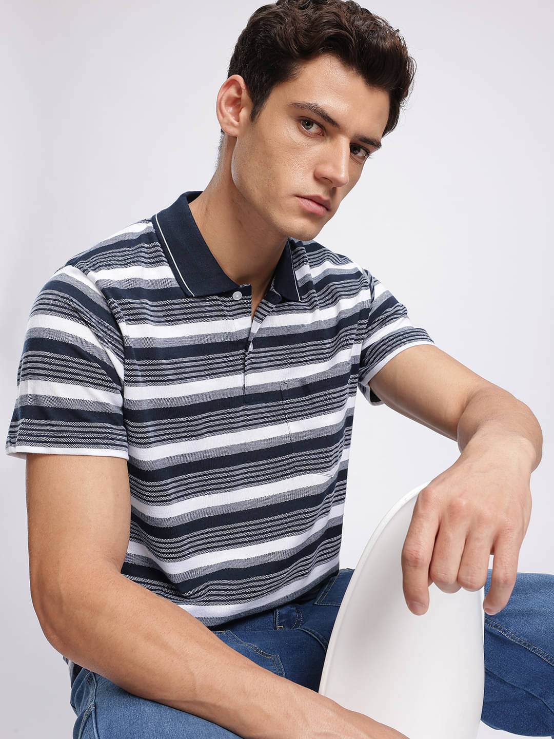 XYRIS Men Cotton Blend Regular Fit Striped Polo T Shirt ( Navy Blue ) XYRIS Men Cotton Blend Regular Fit Striped Polo T Shirt ( Navy Blue )