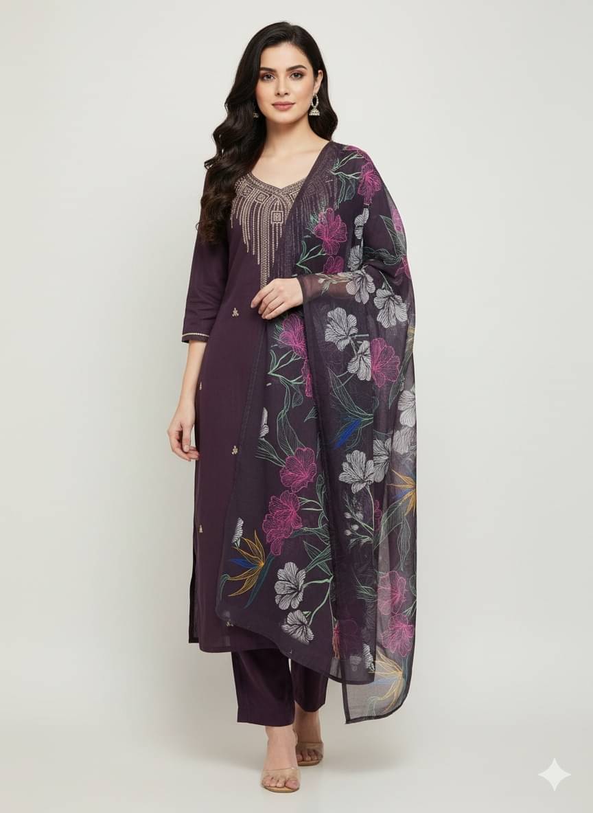     			ANKHIR ERA Women Rayon Embroidered Straight Kurti With Pants ( Wine )