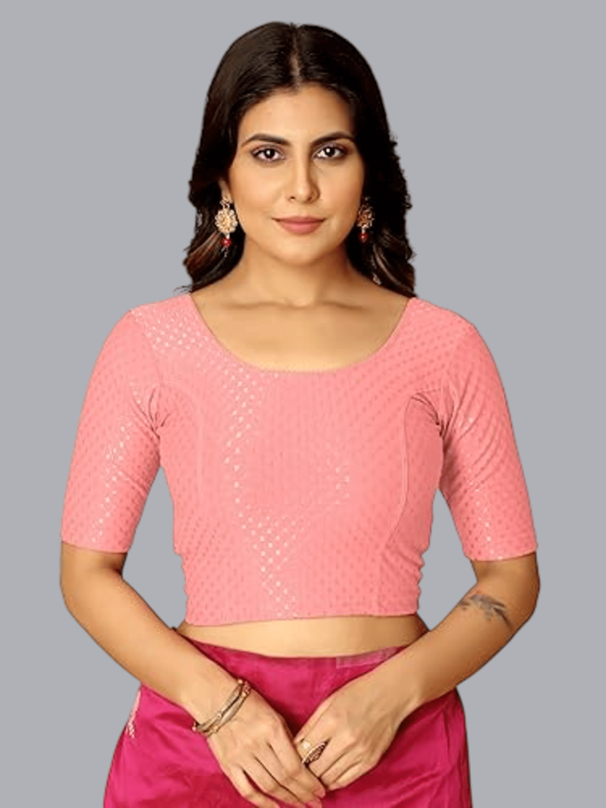Bulbul Lycra Readymade without Pad Round Neck Women's Blouse ( Pink )     			Bulbul Lycra Readymade without Pad Round Neck Women's Blouse ( Pink )